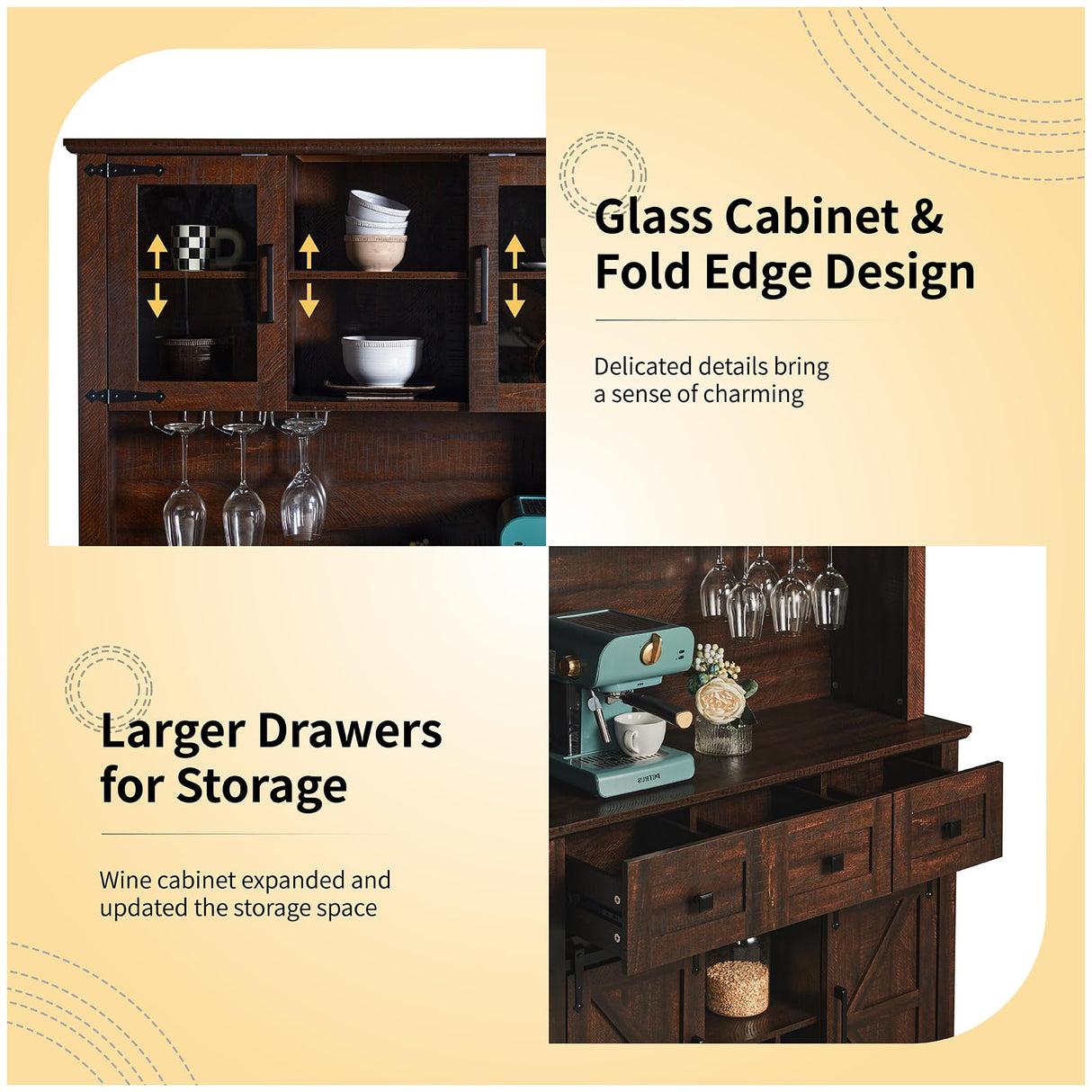 LUXOAK 72" Coffee Bar Wine Cabinet with Sliding Barn Door & LED Lights, Sideboard Buffet Cabinet with Wine Bottle Rack, 3 Drawers, Storage Cabinet for Kitchen, Dining Room, Brown LUXOAK