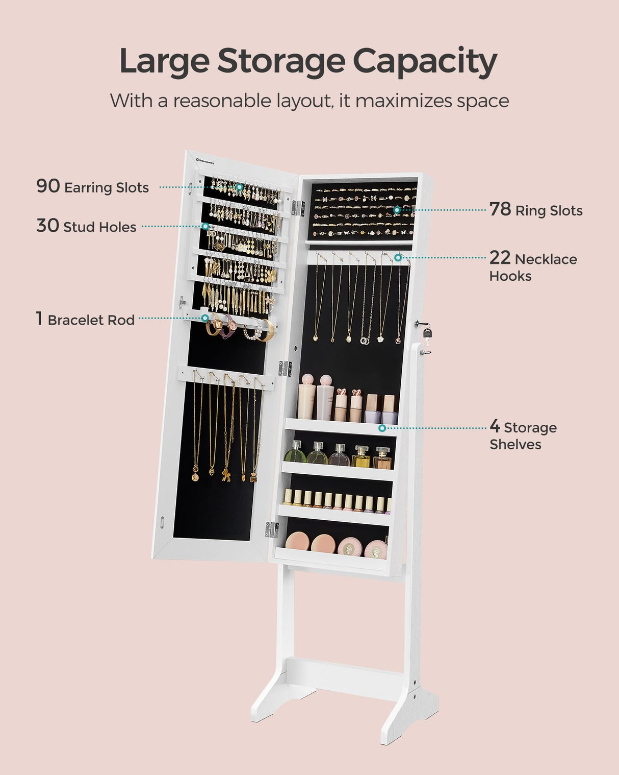 SONGMICS Mirror Jewelry Cabinet Armoire, Standing Full-Length Mirror, Lockable Jewelry Organizer, Gift Idea, White Surface and Black Lining UJJC69WT SONGMICS