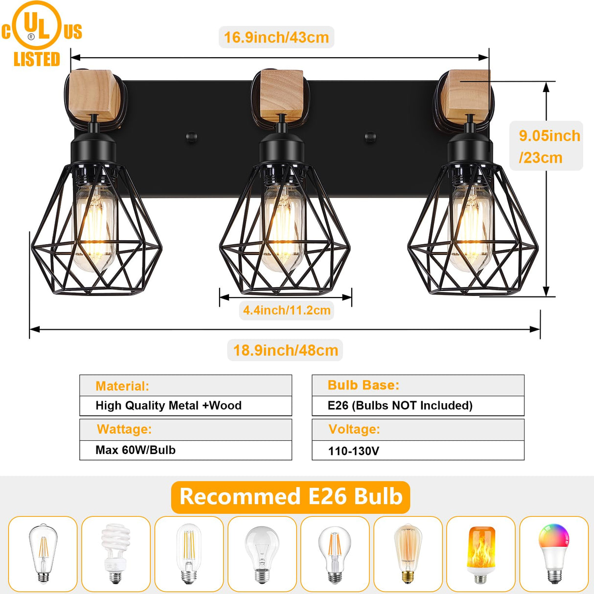 FadimiKoo 3-Light Farmhouse Bathroom Vanity Light Fixtures, Wood Bathroom Lighting Over Mirror, Black Vanity Lights with Metal Lampshade, Vintage Wall Light Fixtures for Bedroom, Living Room, Hallway FadimiKoo