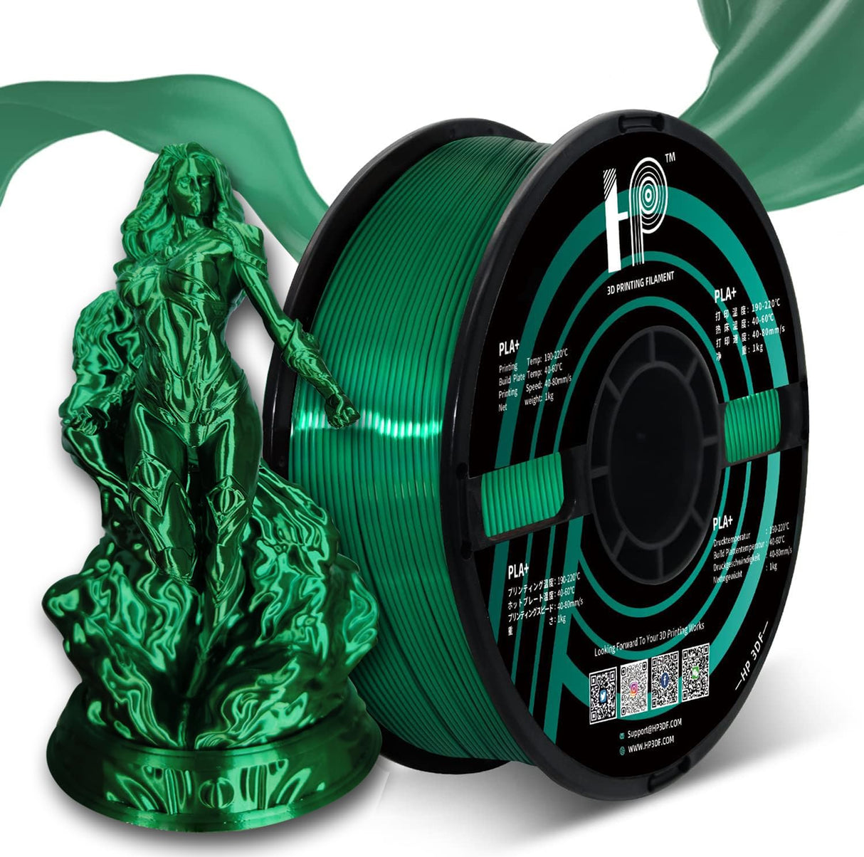 HP3DF PLA Filament, PLA Plus(PLA+), 3D Printer Filament, PLA Filament 1.75mm Dimensional Accuracy +/- 0.02mm, 1KG Spool (2.2 lbs), Fit Most FDM Printer (Silk Green PLA) HP3DF