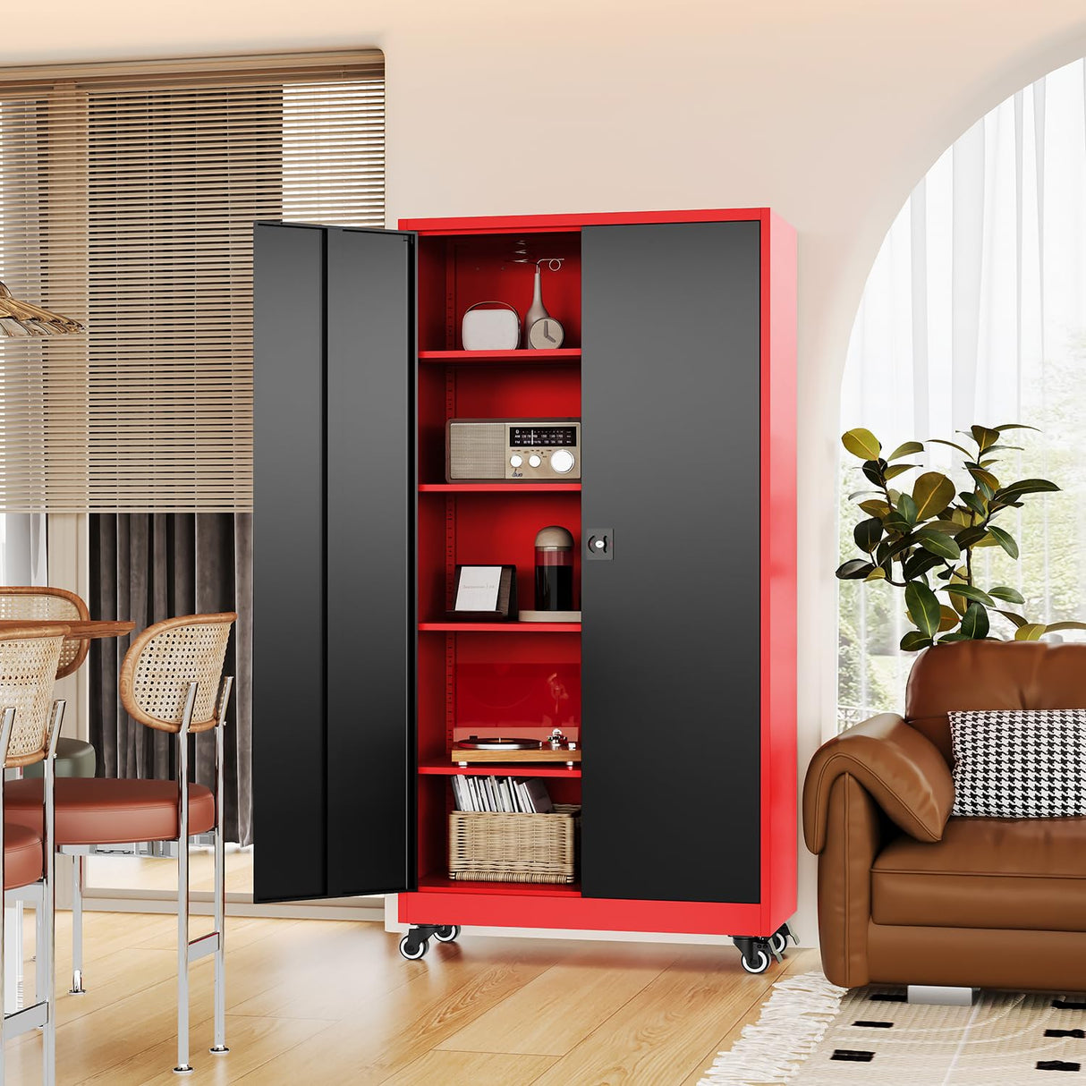 Fesbos Metal Rolling Storage Cabinet-74.6” Tall Steel File Cabinets with Wheels Lockable Doors and Adjustable Shelves-Black & Red Steel Storage Cabinet for Home, School, Office, Garage Fesbos