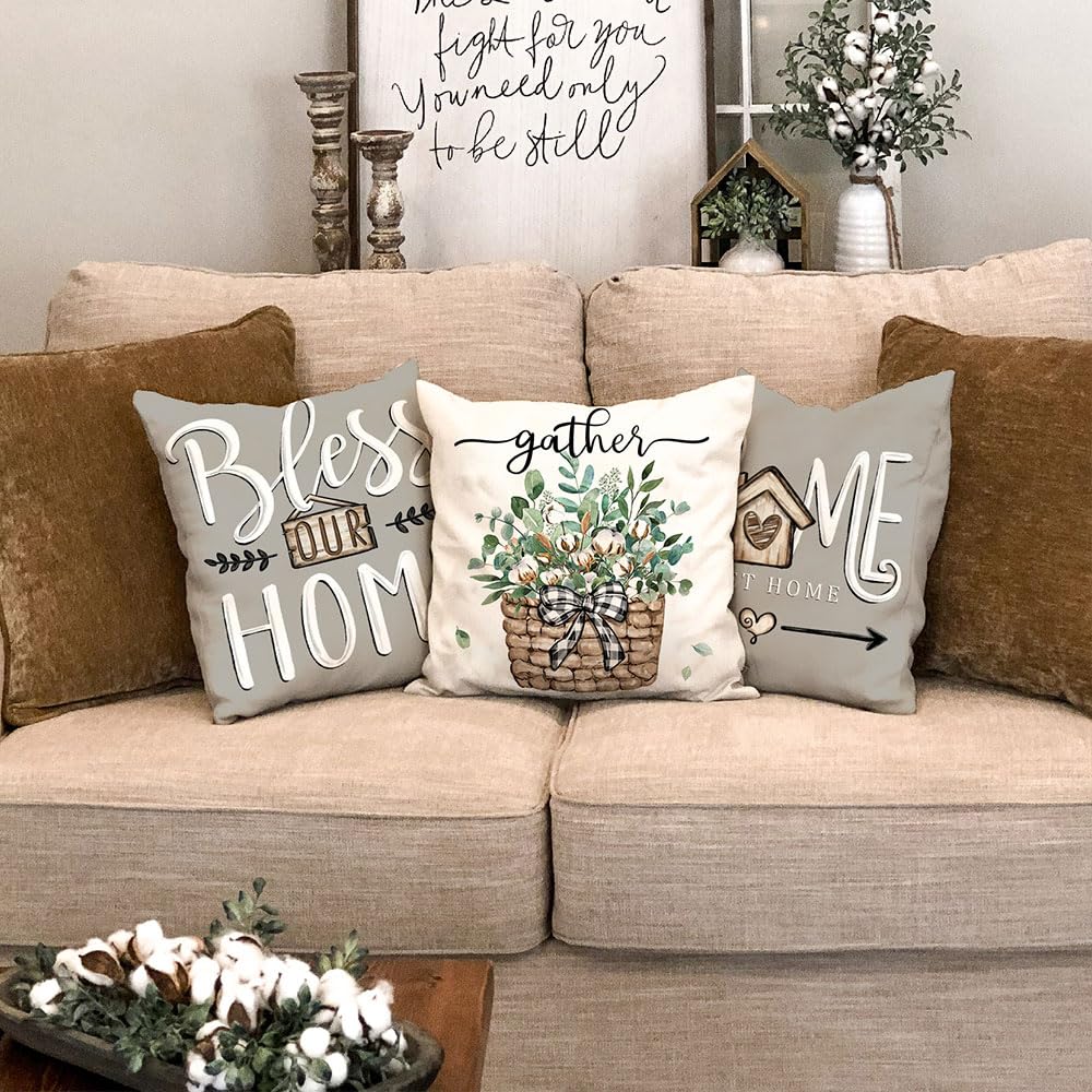 DFXSZ Farmhouse Pillow Covers 18x18 Set of 4 Eucalyptus Leaves Decorations Truck Sweet Home Spring Pillow Covers, Polyester Cushion Case Gifts for Home Decor 175 DFXSZ