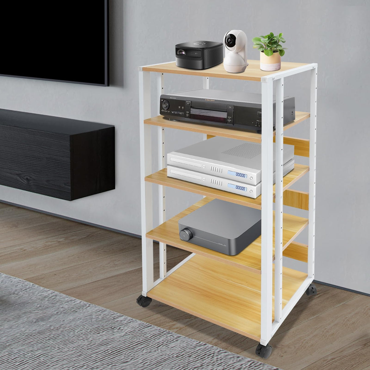 5-Tier AV Media Stand Audio Rack Tower with 4 Lockable Universal Wheels Movable Audio Media Stand with Top Corner Shelf for Record Player, Stereo Components, DVD Players(19.7*15.7*42.9in, White, Wood) VitaChicuy