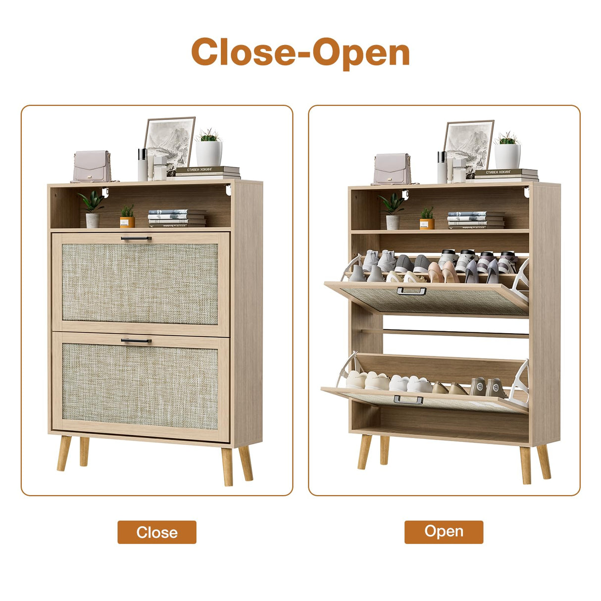 VECHOLL Rattan Shoe Cabinet with 2 Flip Drawers Freestanding Shoe Storage Cabinet for Entryway Slim Hidden Shoe Cabinet with Open Shelf Boho Shoe Rack Cabinet for Hallway, Natural Oak VECHOLL