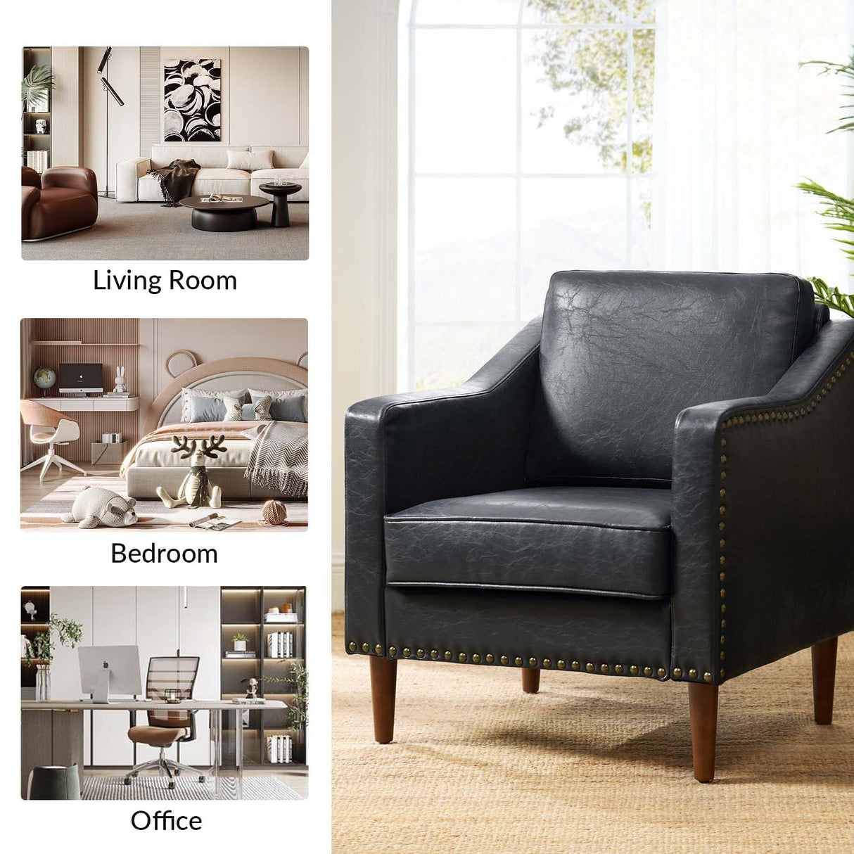 HULALA HOME Faux Leather Accent Armchair with Back & Seat Cushions, Traditional Club Chair with Nailhead Trim, Comfy Upholstered Sofa Chair for Bedroom & Living Room, Black HULALA HOME