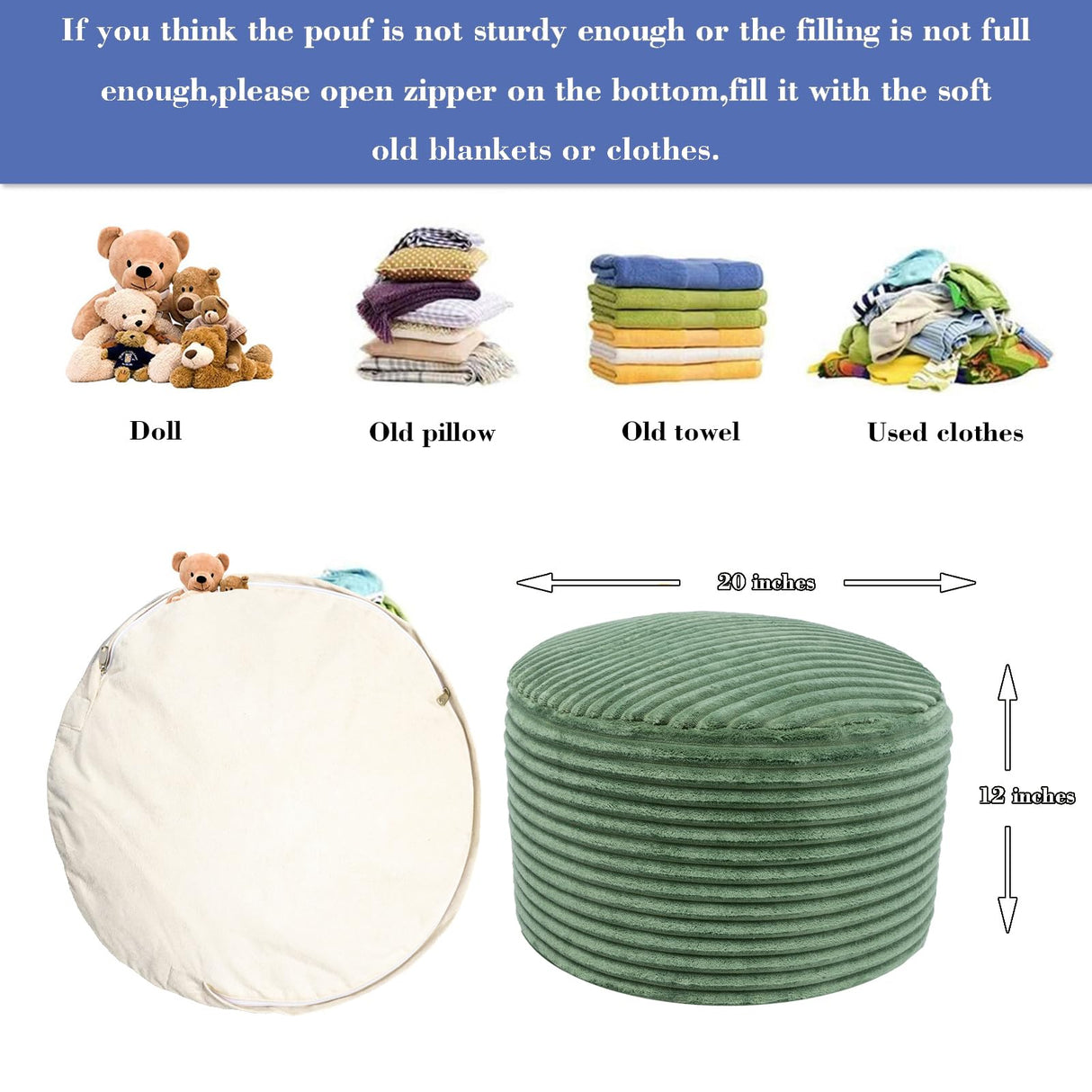 Stuffed Pouf Ottoman with High Density Foam Filler Plush Fiber Ottoman Poufs Pouf Stool Ottoman Round Foot Stool Storage Ottoman 20 x 12 Inches Floor Pouf Ottoman Foot Rest for Living Room Green AbunHeri