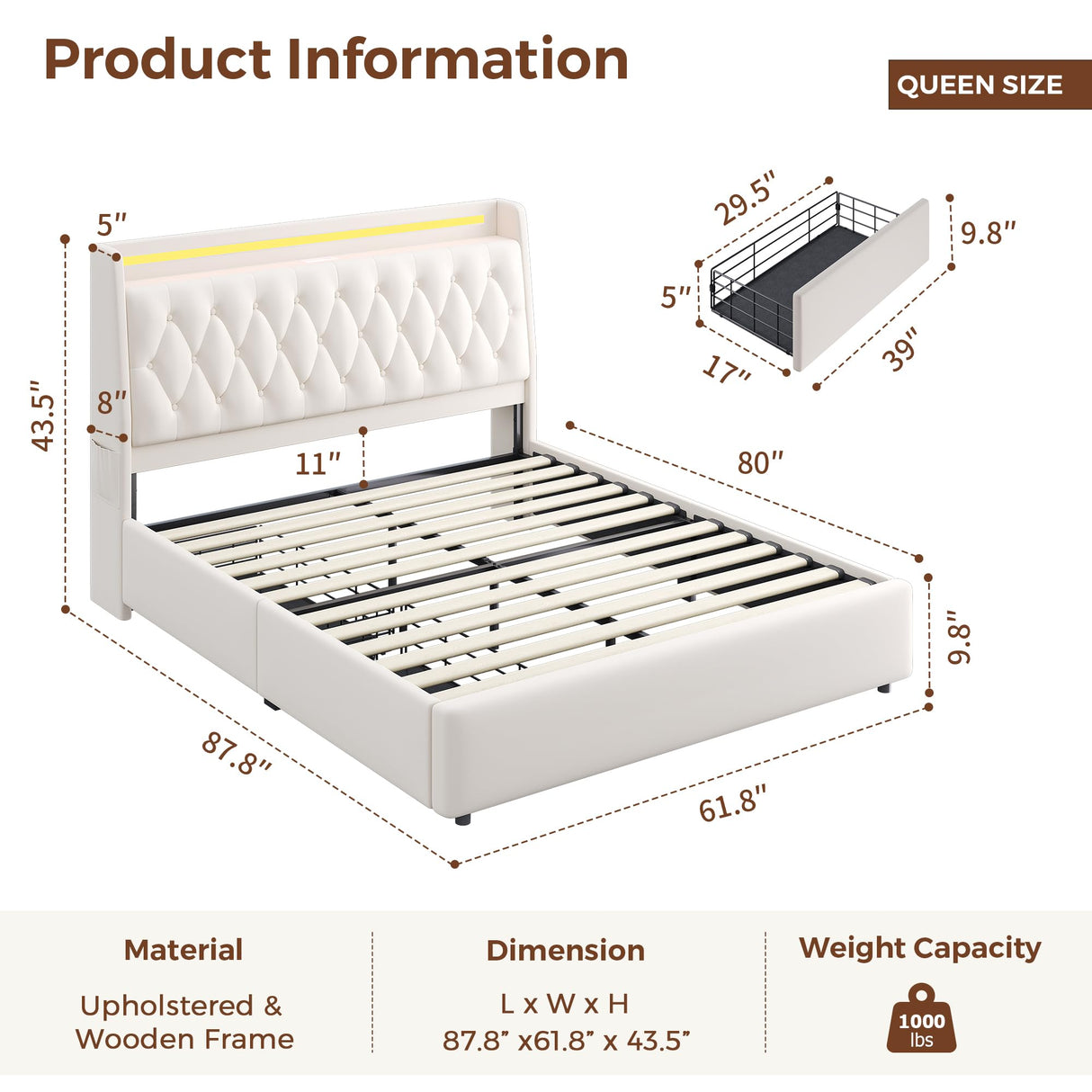 Queen LED Velvet Bed Frame with 2 Storage Drawers&Hidden Headboard, Upholstered Platform Bed with Charging Station&Button Tufted Design, Wooden Slats Support, Box Spring Optional, Easy Assembly, Beige Jocoevol