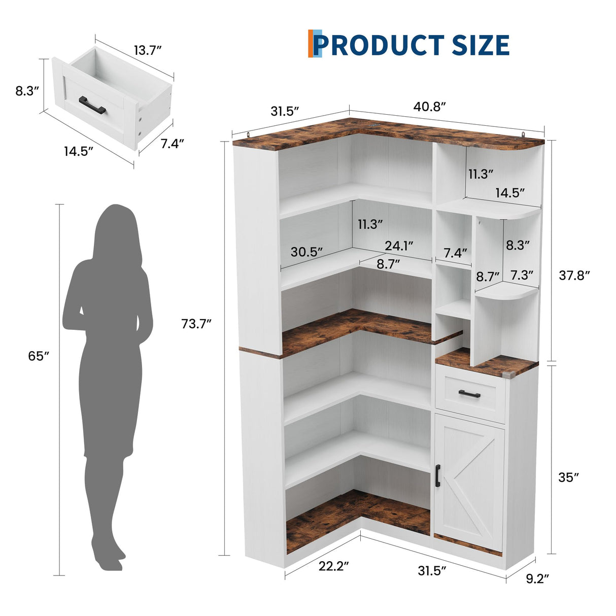 Garvee 74'' Tall Corner Bookshelf - 6-Tier Book Shelf with Drawer and Cabinets, l-Shaped Bookcase Open Storage Shelves Modern Display Shelf for Home, Office Garvee