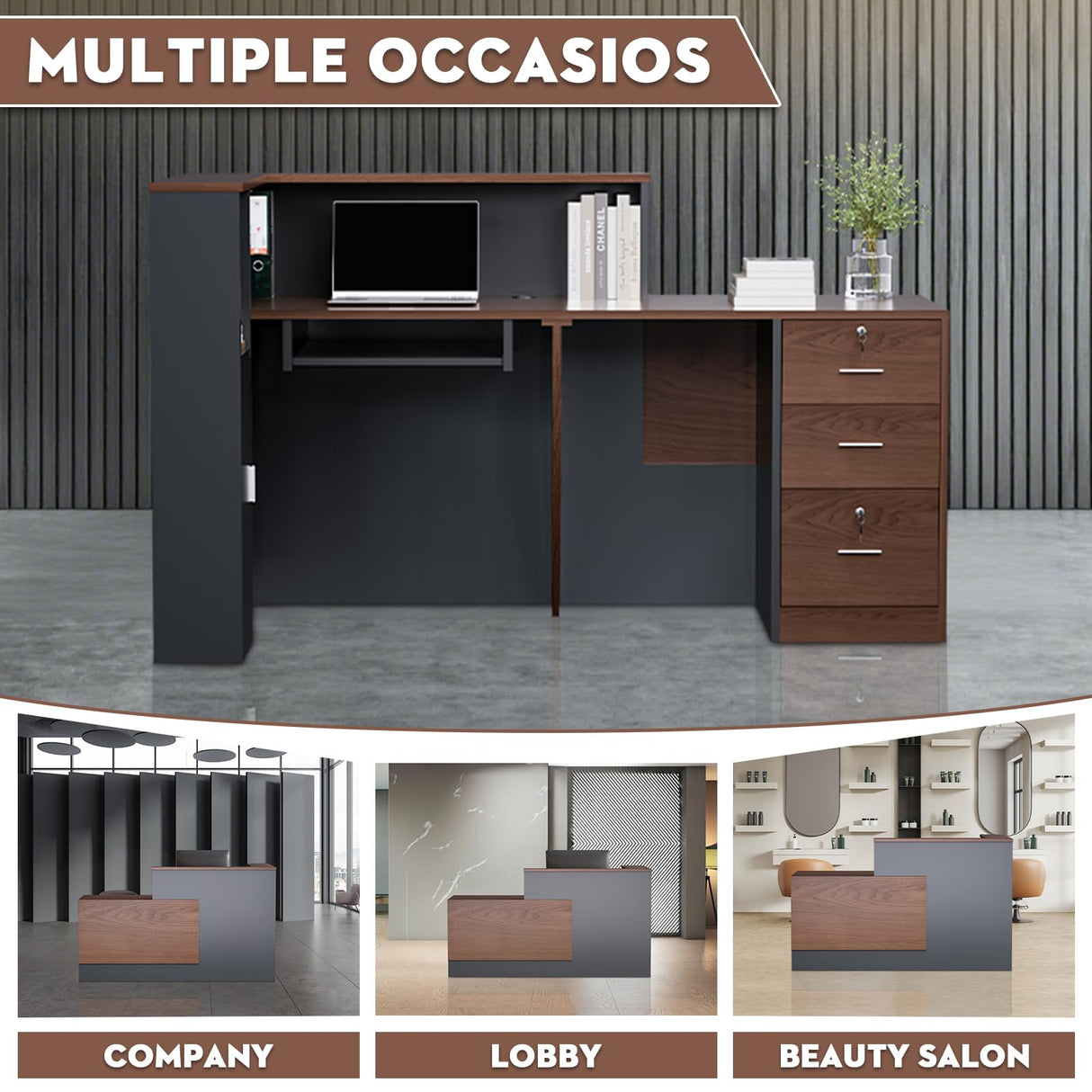 L-Shaped Large Wooden Reception Desk, Modern Front Desk Reception Counter with Lockable Drawers & Storage & Keyboard Tray, for Checkout, Lobby (Right-Walnut/Black, 71''L x 42''W x 41''H) Yorkgargen