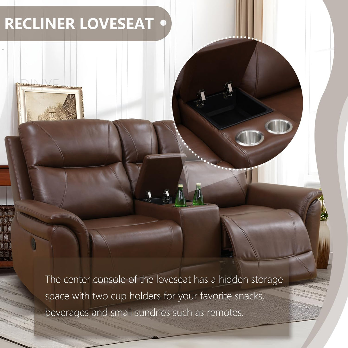 Anthato Power Recliner Living Room Set, Leather Reclining Sofa Set with Coffee Table, Living Room Furniture Sets, Brown Recliner Couch with Cup Holders/Charging Port for Home Theater/Office, Brown Anthato