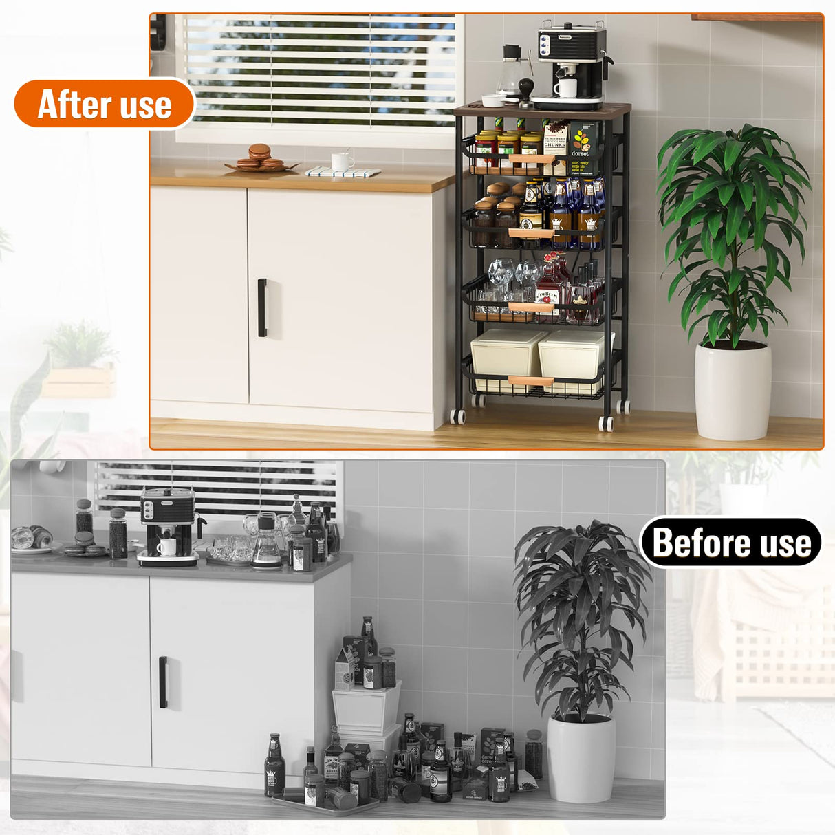 5-Tier Rolling Storage Cart with Wheels, Large Capacity Kitchen Cart, Mobile Utility Cart with Wooden Tabletop and Mesh Baskets, Bathroom, Laundry Room 7 code