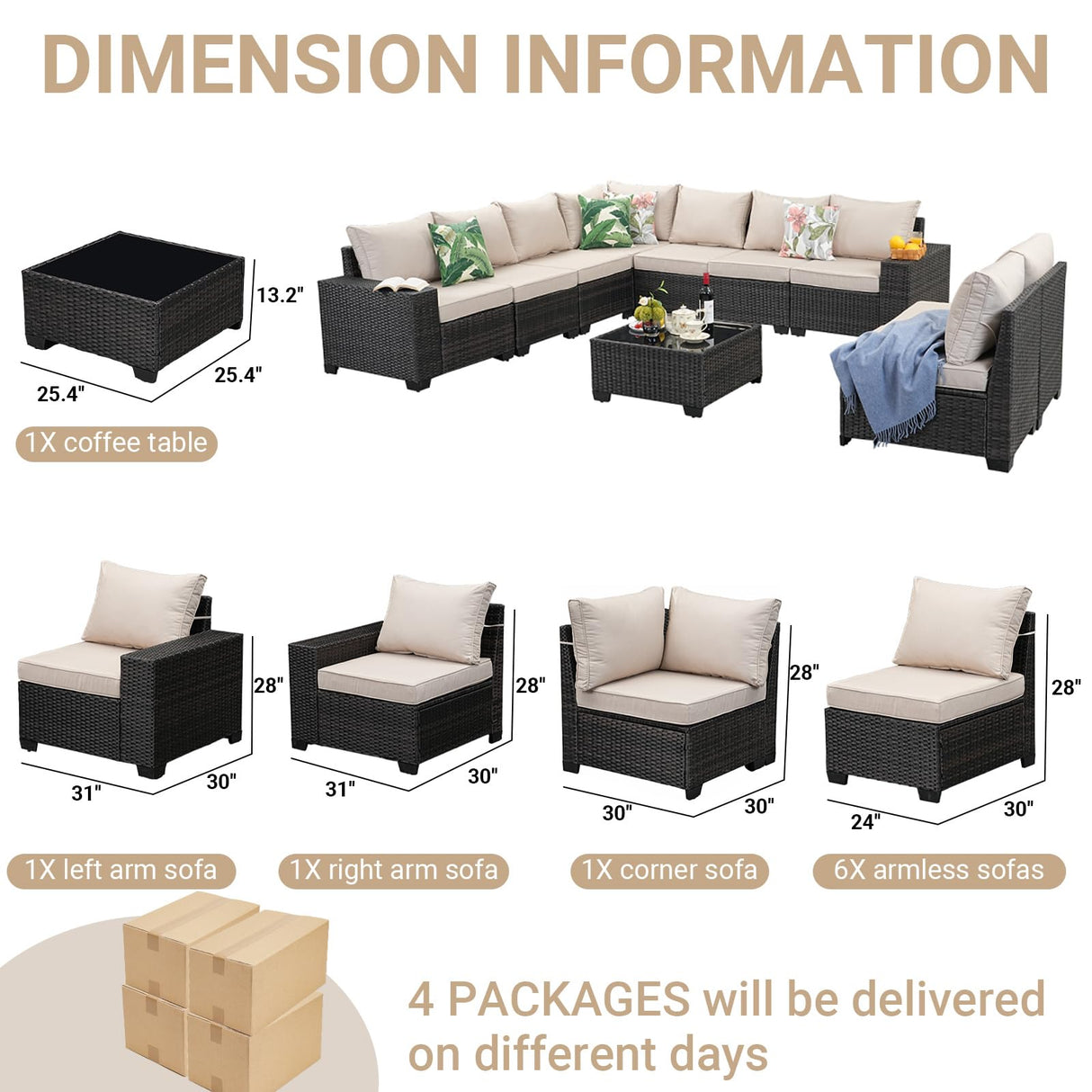 Jing's Villa 10-Piece Patio Furniture Set, All-Weather Outdoor Wicker Sectional Sofa with Cushions, Glass Table & Left and Right Armrest, Rattan Conversation Seating for Porch, Garden, Backyard,Beige Jing's Villa