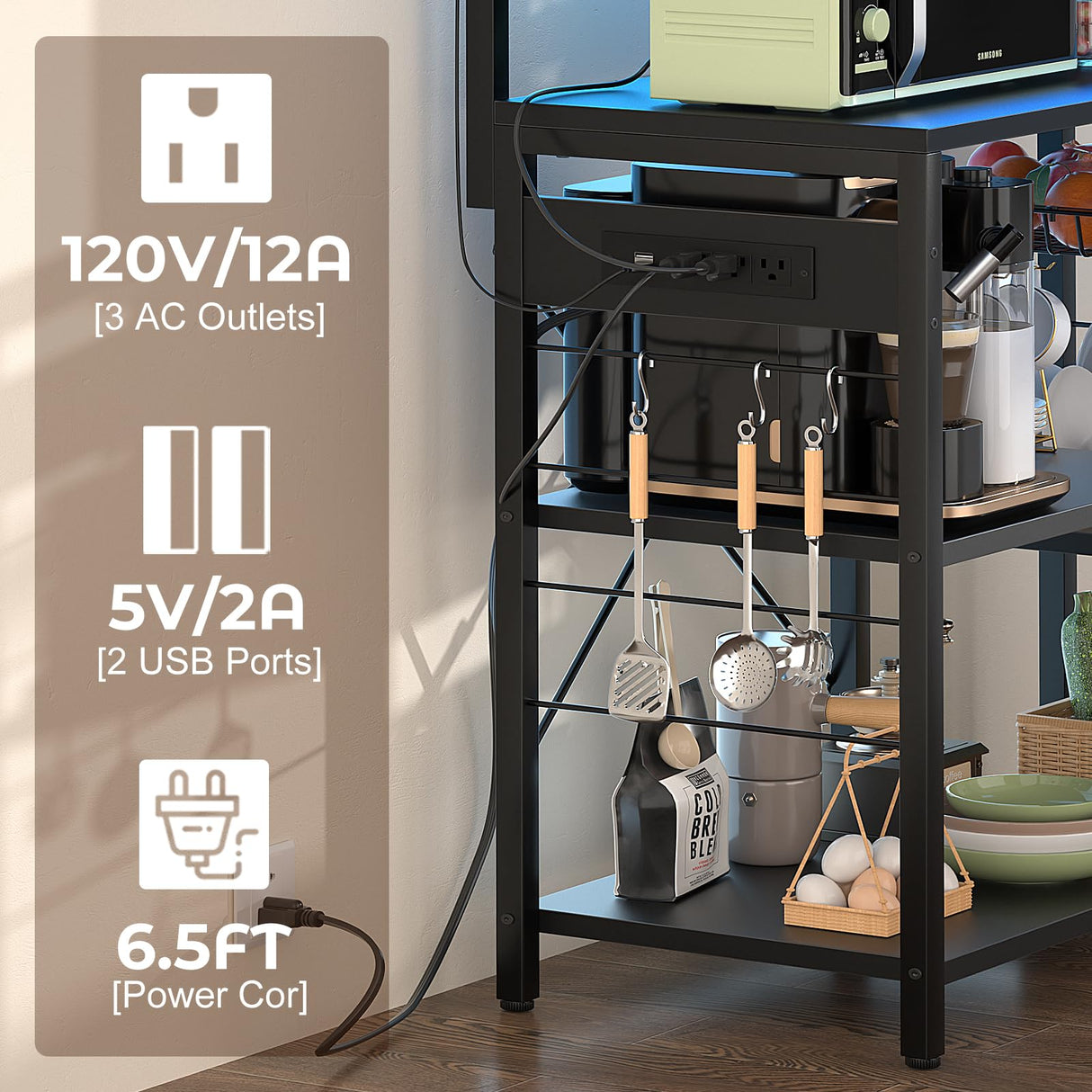 Aheaplus Bakers Rack with Power Outlet and LED Light Strings, Microwave Oven Stand Kitchen Storage Shelf with Wire Basket, Coffee Bar Station Island Table with 10 Hooks for Spices, Pots, Pans, Black Aheaplus