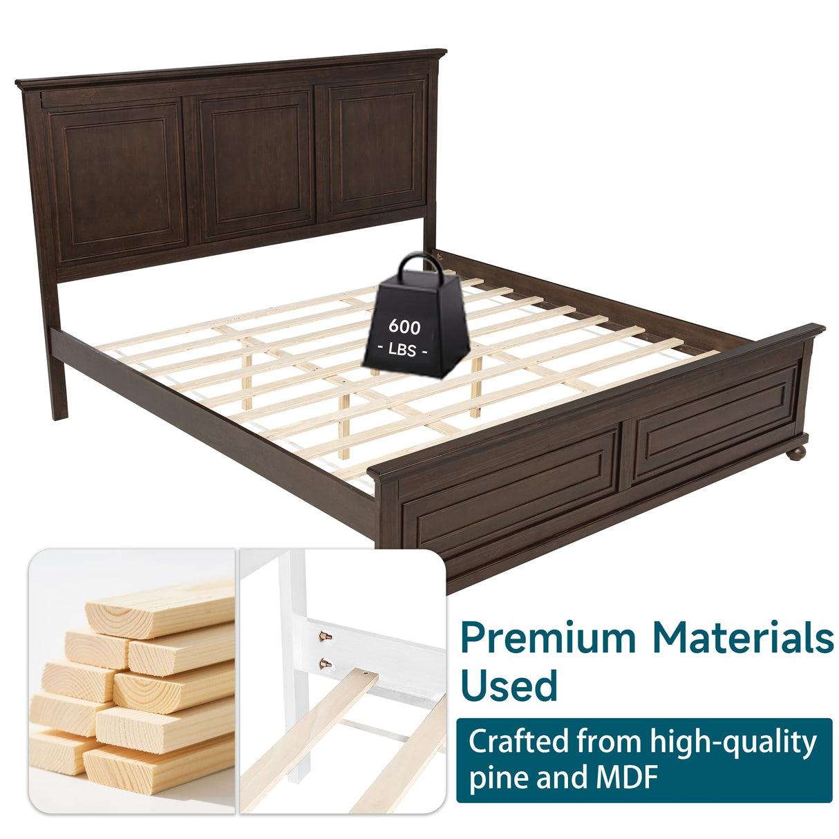 Mirightone Farmhouse King Bed Frame with Tall Headboard, Wood Platform Bed and Footboard, Mid-Centery Rustic King Panel Beds with Slats Support, No Box Spring Needed, Rustic Brown Mirightone