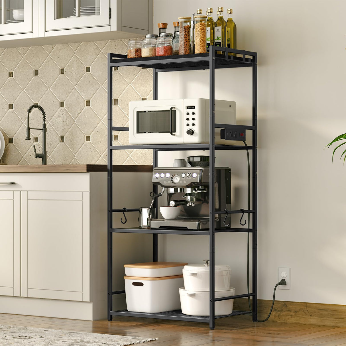 MAHANCRIS Bakers Rack with Power Outlet, Microwave Stand with Hooks, Multifunctional Storage Rack, Coffee Bar with Enclosure, Kitchen Storage Shelf, for Kitchen, Dining Room, Black BRHB40E01 MAHANCRIS