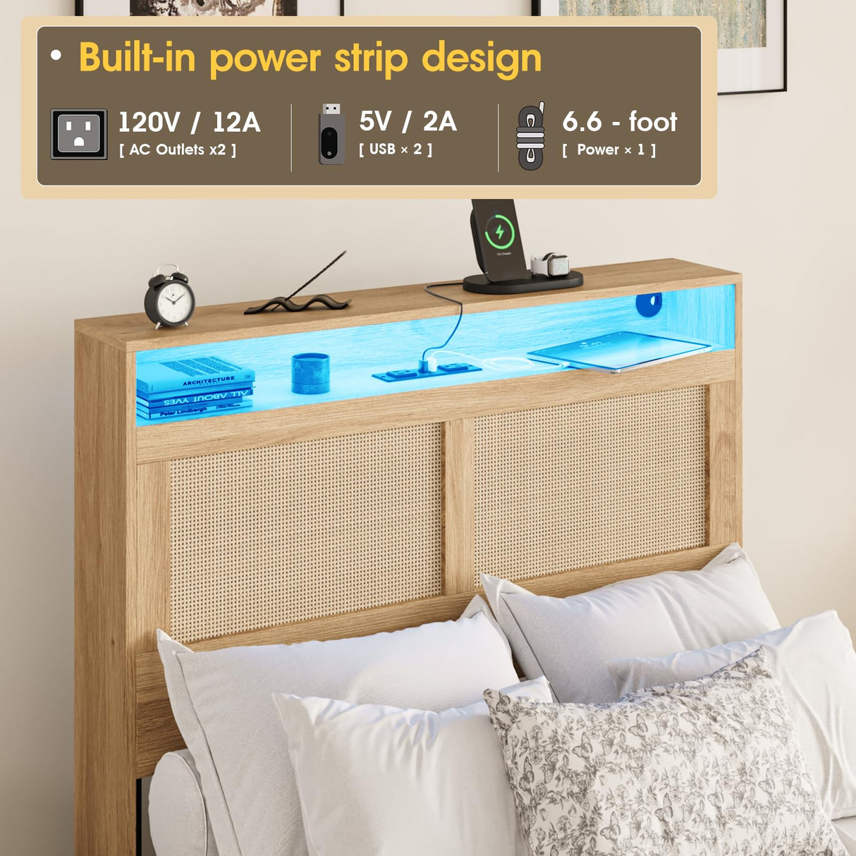 Fameill Twin Bed Frame with LED Light and Storage Rattan Headboard and 4 Drawers,Charging Station,Metal Platform with Strong Metal Slats Support,Boho Cane Bed Mattress Foundation No Box Spring Needed Fameill