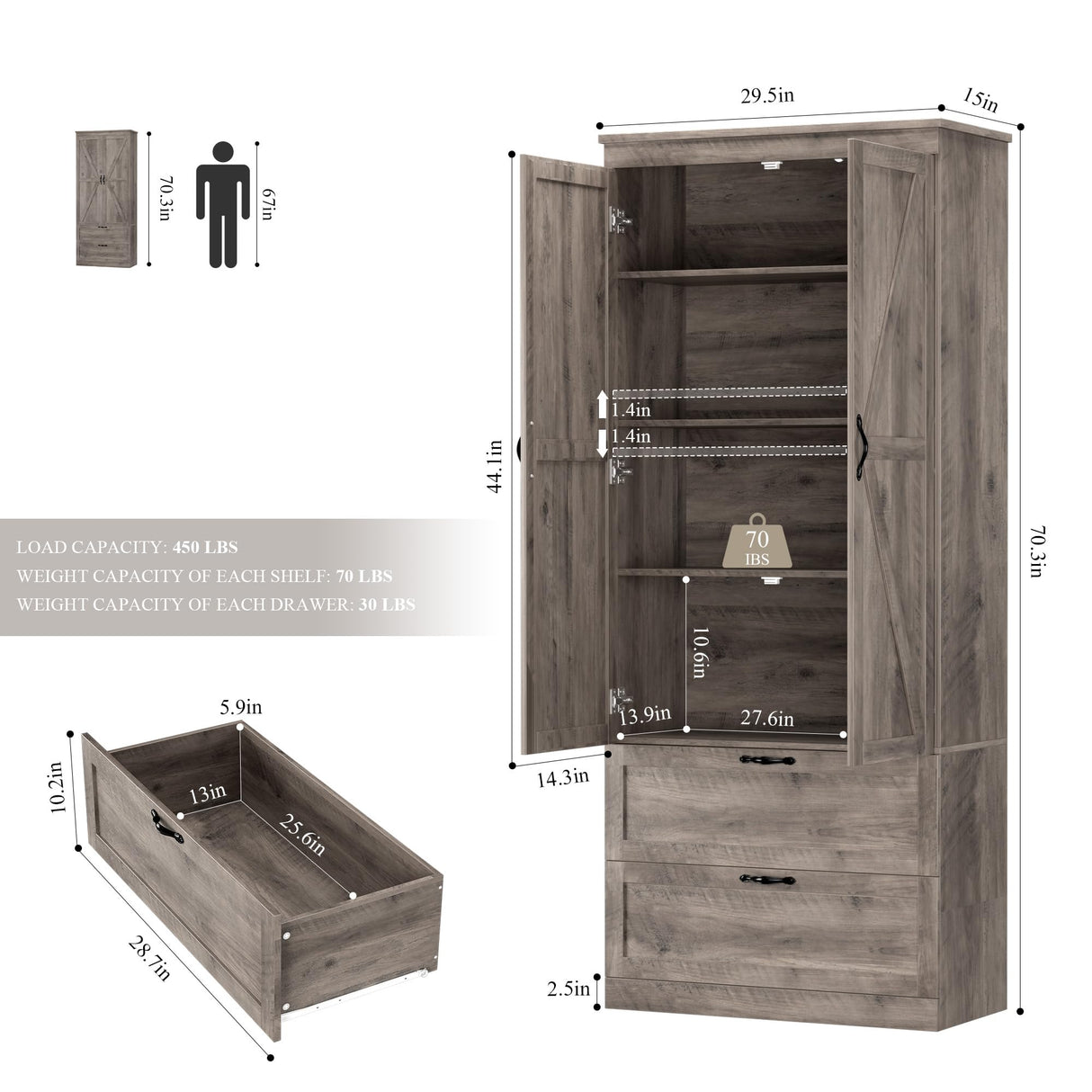HOSTACK 70" Tall Kitchen Pantry Storage Cabinet, Barn Doors Pantry Cabinet with Drawers and Adjustable Shelf, Modern Farmhouse Storage Cabinet for Kitchen, Dining Room, Living Room, Bathroom, Ash Grey HOSTACK