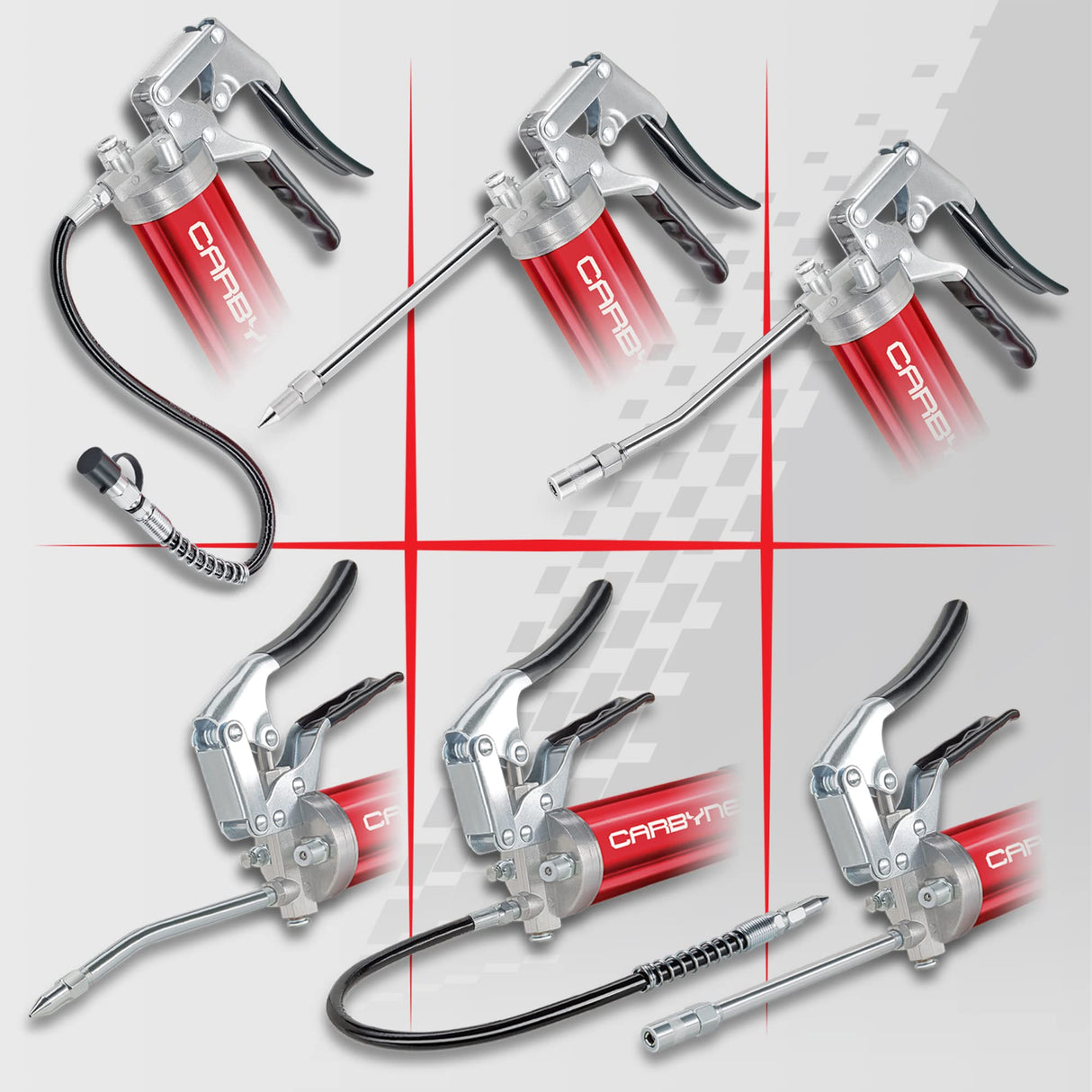Carbyne Grease Gun - Pistol Grip, 7500 PSI, Heavy Duty Professional Quality, Anodized Aluminum Barrel. 18" HD Flex Hose w/Spring, 6" Straight & 6" Angled Tube, Coupler & Needle Noze, 3-Way Loading Carbyne
