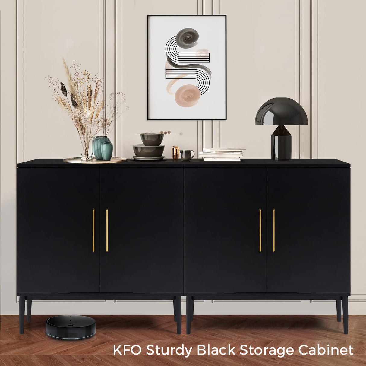 KFO Storage Cabinet with Doors, Black Accent Cabinet, Modern Free Standing Cabinet, Black Sideboard with Metal Base for Bedroom, Living Room, Kitchen and Office KFO
