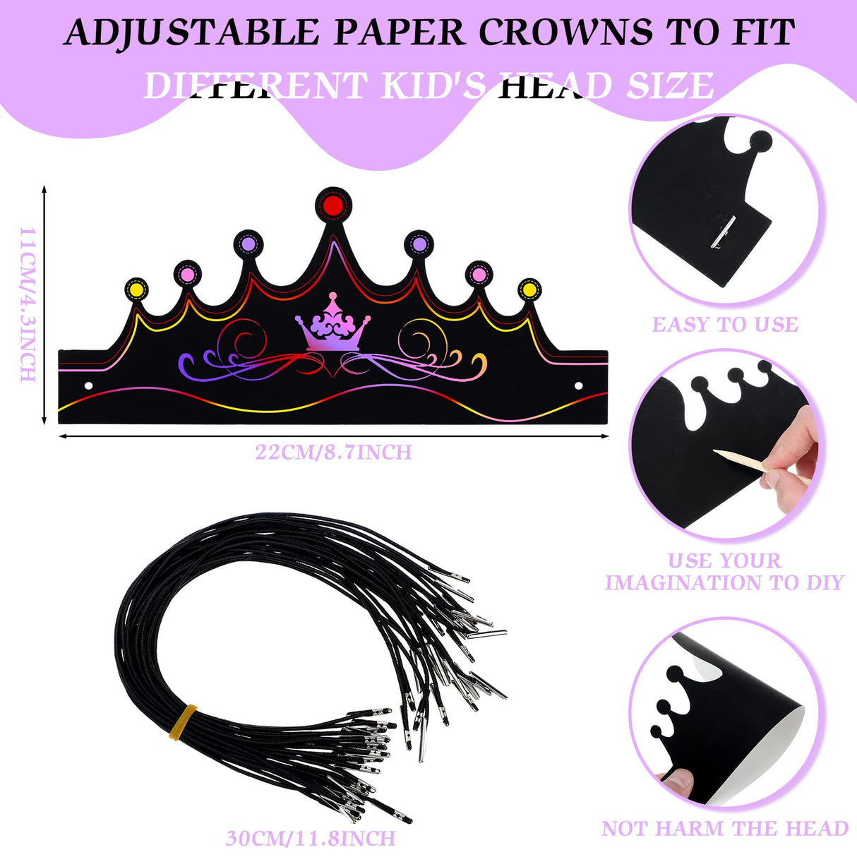 Yinder 80 Pcs Crafts Crowns Set DIY Scratch Paper Crowns with Rainbow Color Headband Hats Wooden Styluses Craft Elastic Bands Colorful Gem Jewels Stickers for Boys Girls Adults Yinder