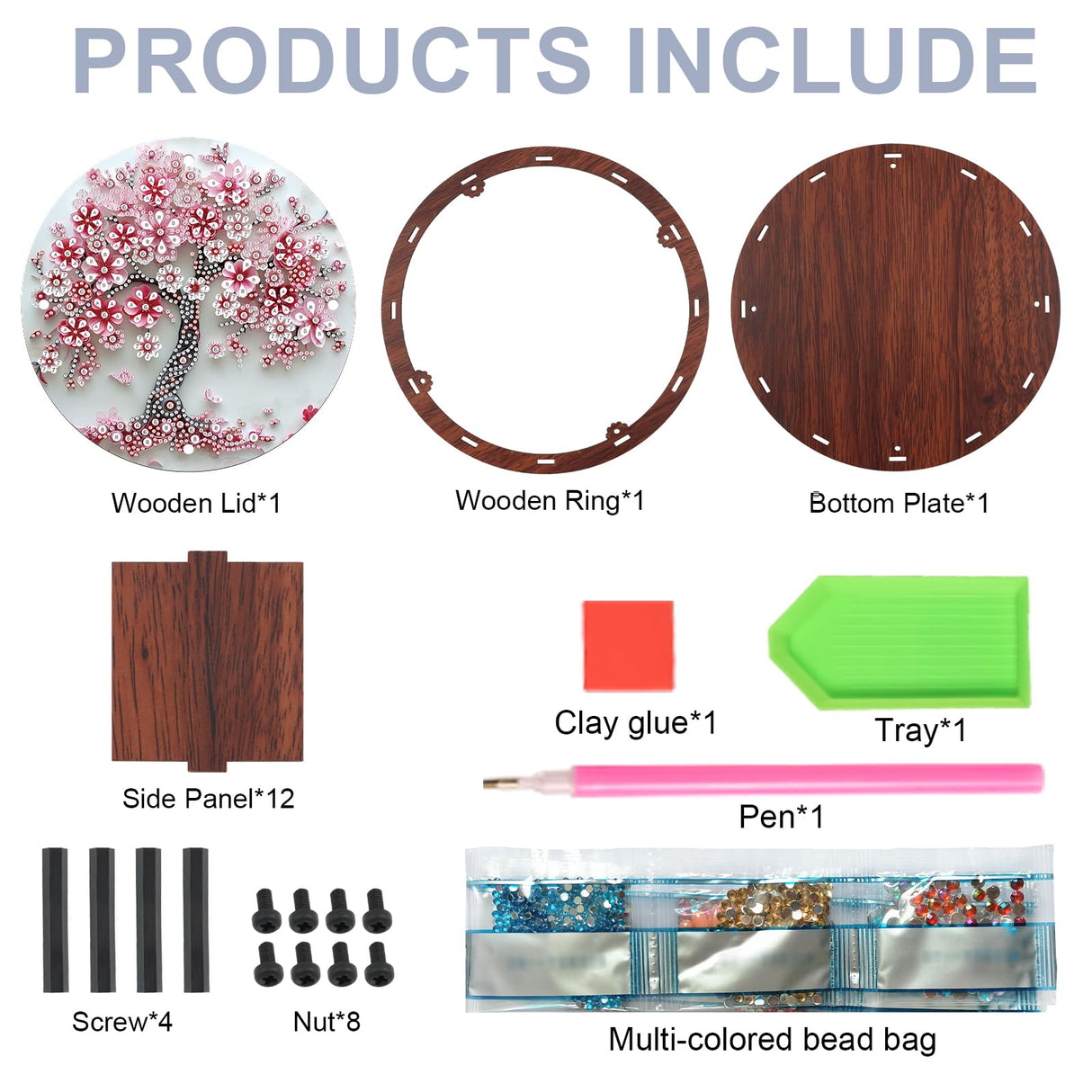 antor 5D Diamond Painting Snack Storage Box – Cherry Blossom Tree Design Round Wooden Container with Lid – Floral Elegant Crystal Rhinestone Art Craft Gift for Adults antor