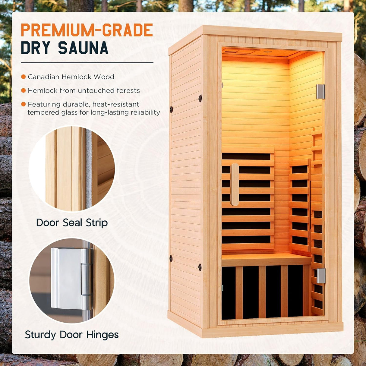 Albott Infrared Sauna Room, 1260W/110V Canadian Hemlock Wood 1 Person Infrared saunas for Home with 7 Color Therapy Lamp, Foot Heater, Dual Bluetooth Speaker, LCD Control Panel, 32.3x32.3x66.1inch Albott