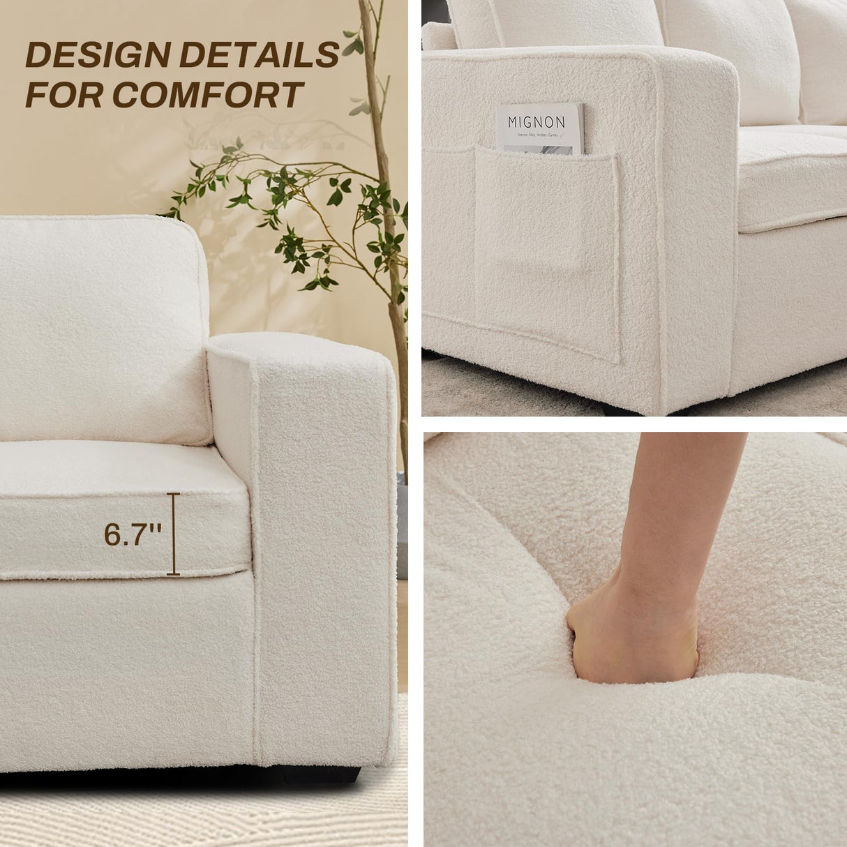 Orcalic 80'' Sofa Couch for Living Room, Mid Century Modern Loveseat Sofa with Side Pocket, 3-Seater Couches for Bedroom, Apartment, Office, Teddy Wool White Orcalic