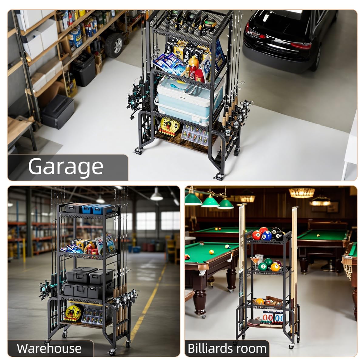 ZERTNROW Fishing Gear Storage Fishing Pole Holders for Garage- Rod Holder up to 10 Rods with Wheels and 4 layer of large capacity Shelf,Fishing Organizer for Large Tackle Box -Fishing Gear Storage ZERTNROW