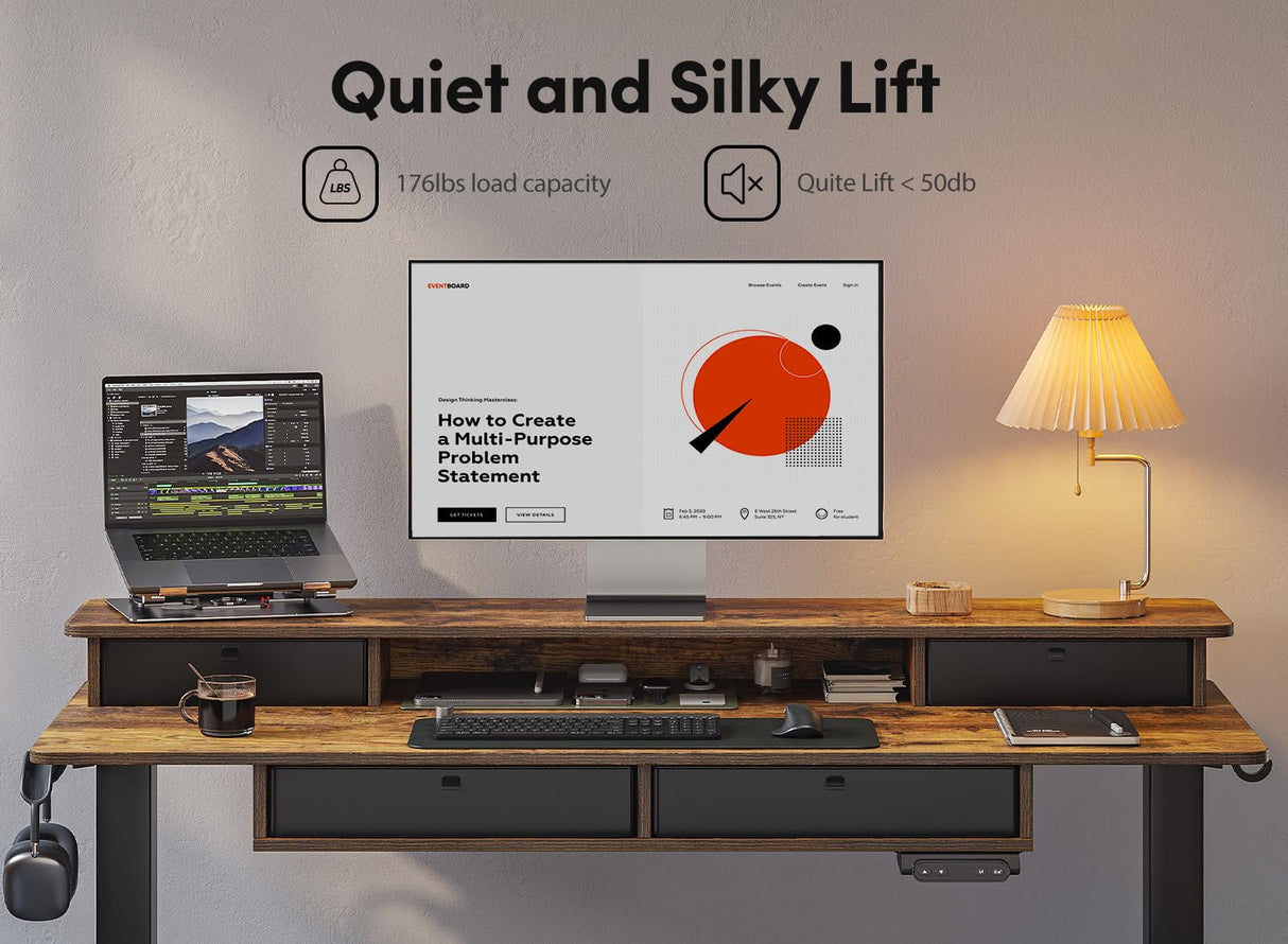 BANTI Height Adjustable Electric Standing Desk with 4 Drawers, 55 x 24 Inch Table with Storage Shelf, Sit Stand Desk, Rustic Brown Top BANTI