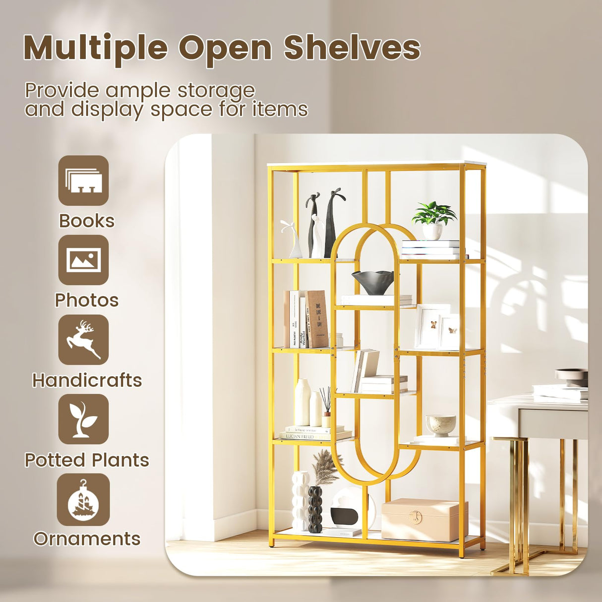 Giantex 5-Tier Bookshelf, 69" Tall Geometric Bookcase w/ 10 Open Shelves, Oval Shape, Modern Gold Display Shelf w/Metal Frame, Freestanding Storage Organizer for Living Room, Office Giantex