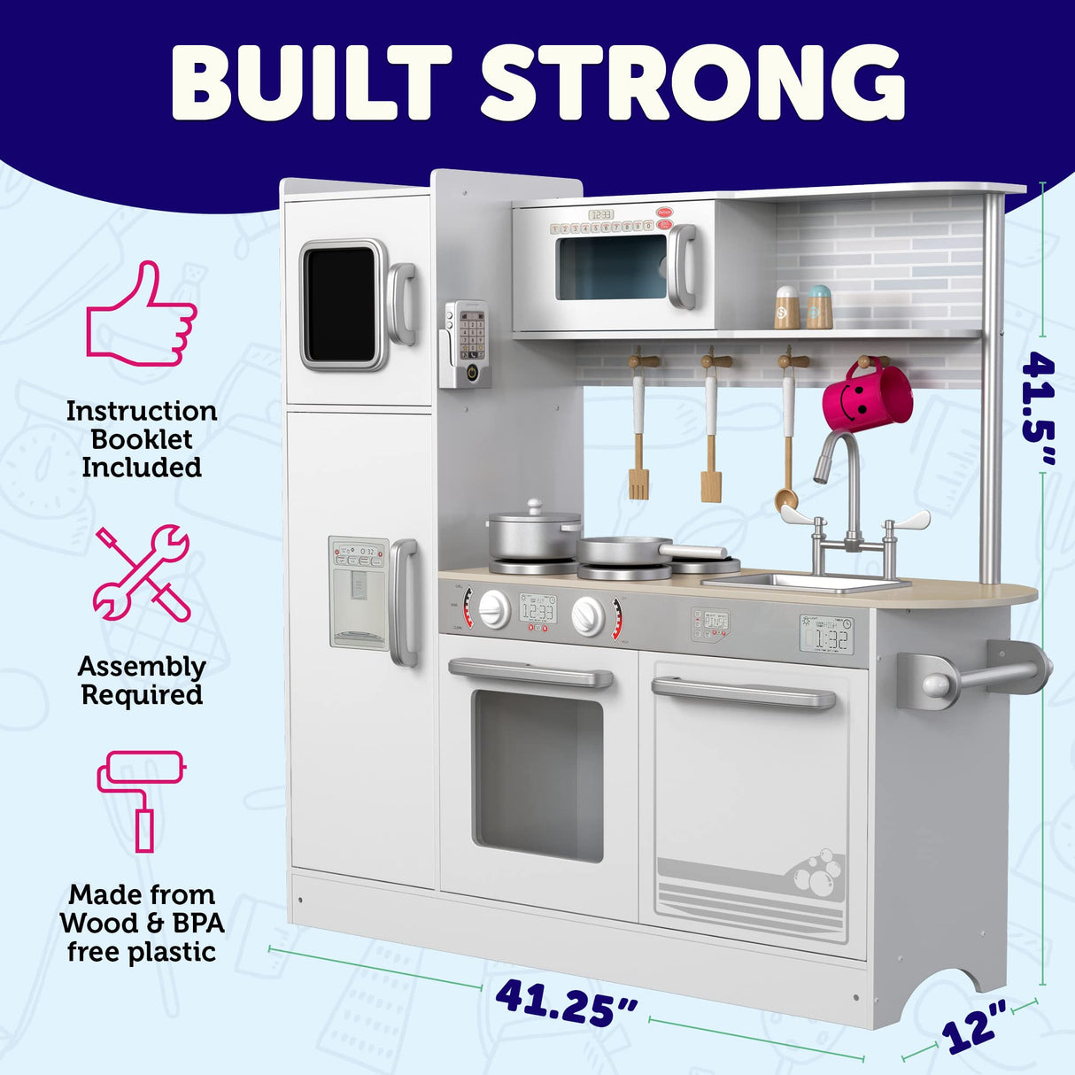Play Kitchen - Wooden Kitchen Playset for Toddlers and Big Kids - Mini Pretend Toy for Boys and Girls with Cooking Stove, Oven, Pots, Pans, Phone, Microwave, Fridge, Sink, Utensils - Ages 3-8 KIDDERY TOYS