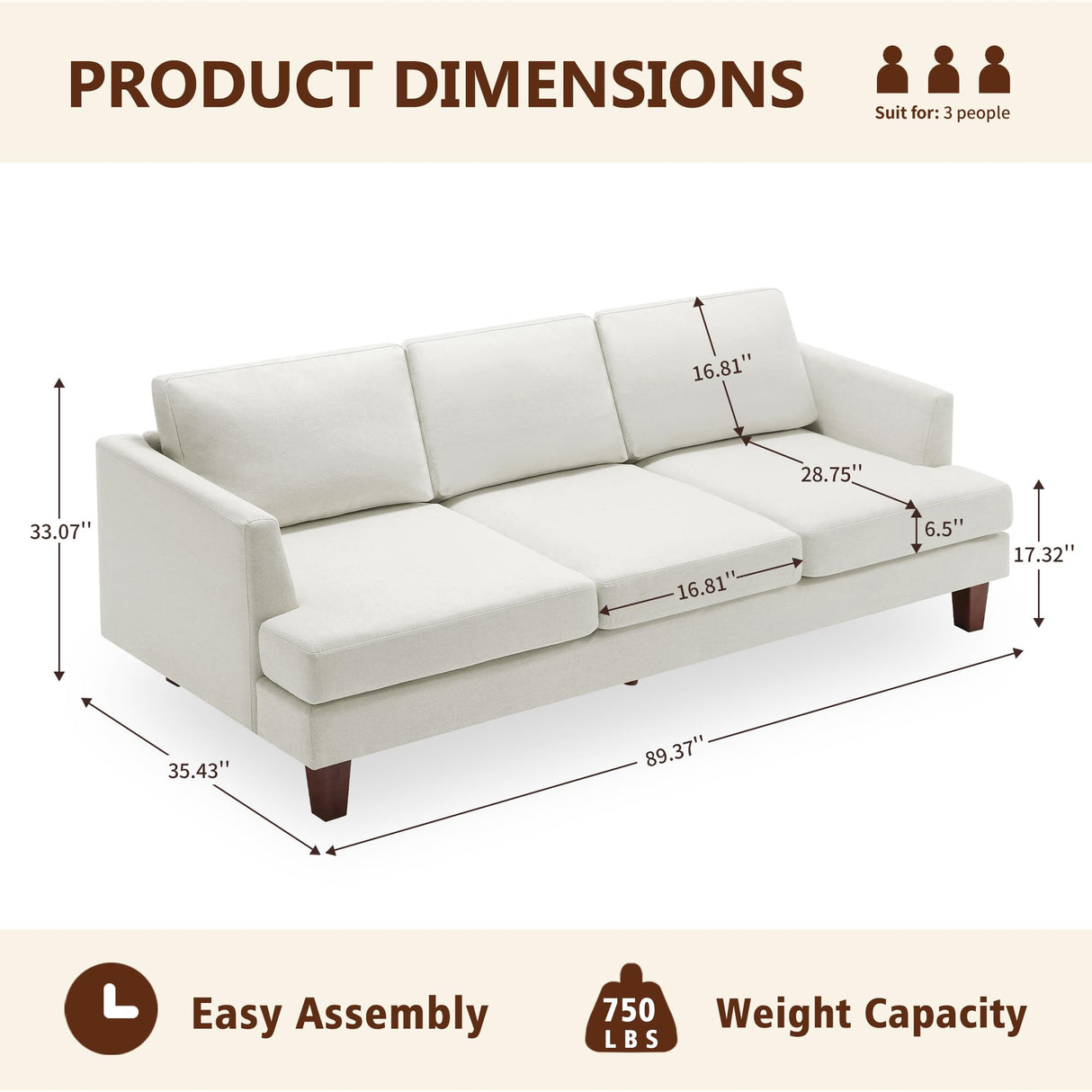Gericco 89" 3-Seater Sofa, Deep Seat Sofa with Comfy Cushion, Mid Century Modern Couches for Living Room, Upholstered Comfy Sofa Couch for Bedroom, Apartment, Beige Gericco