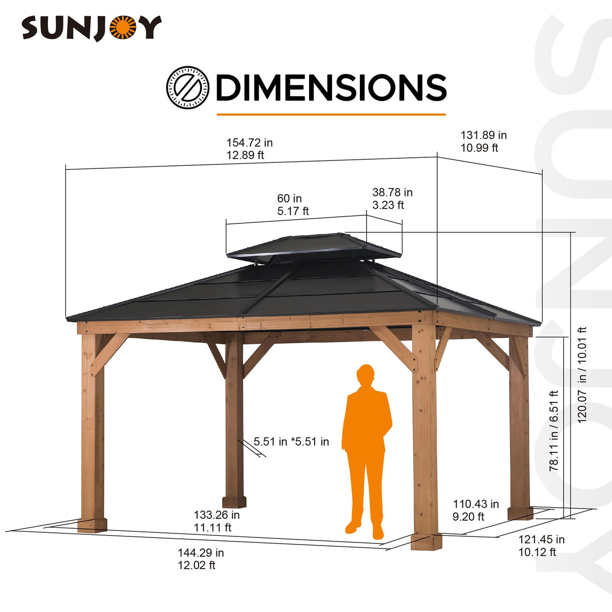 Sunjoy Hardtop Gazebo 11’ x 13’ Outdoor Cedar Framed Wood Gazebo with Black Double Steel Hardtop Roof Permanent Canopy for Garden, Backyard Shade… Sunjoy