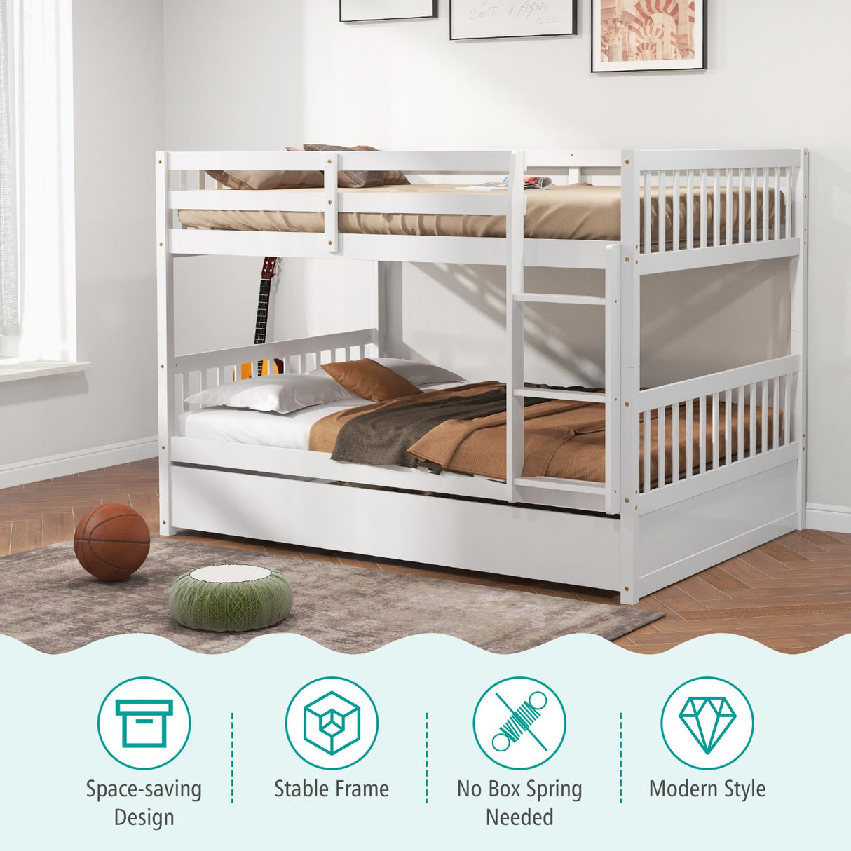 Giantex Full Over Full Bunk Bed with Trundle, Solid Wood Trundle Bed Frame w/Guardrails and Ladder, Convertible to 2 Beds, Full Size Bunk Beds for Adults Kids Teens, No Box Spring Needed, White Giantex