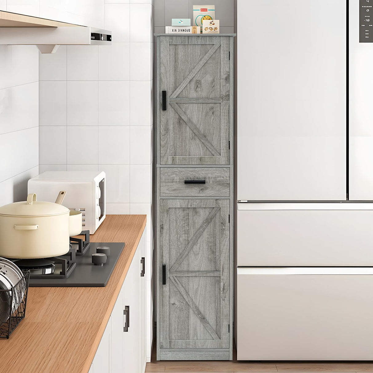 Tall Grey Bathroom Cabinet with 6 Shelves, 2 Doors & Drawer for Narrow Spaces WEENFON