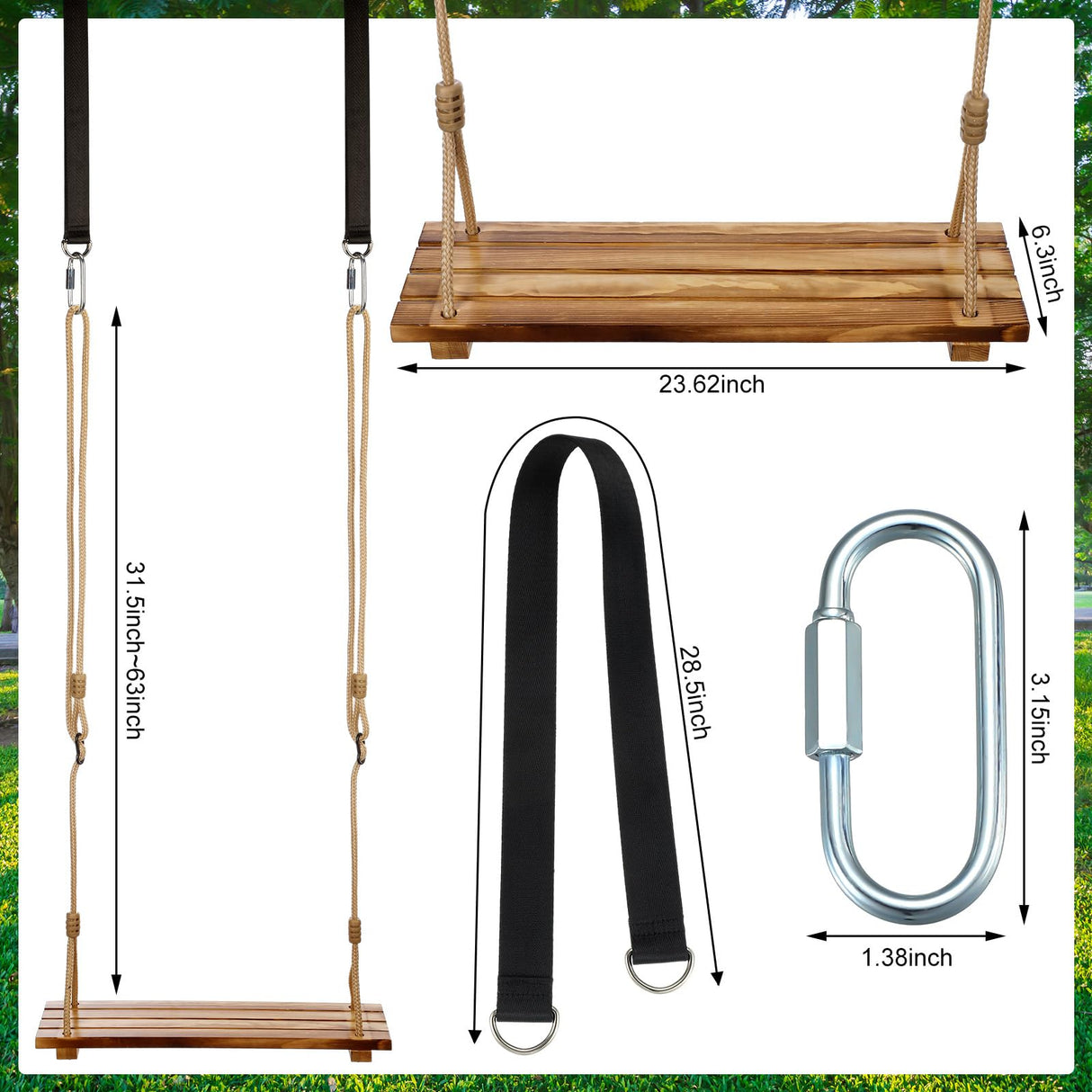 Hollowfly 2 Pcs Wood Swing Seat Carbonized Hanging Wood Tree Swing Adjustable Anticorrosive Waterproof Wooden Swing 440lbs Load for Adult Kids Indoor Outdoor Backyard Play, 24 x 6.3 x 1.42 Inch Hollowfly