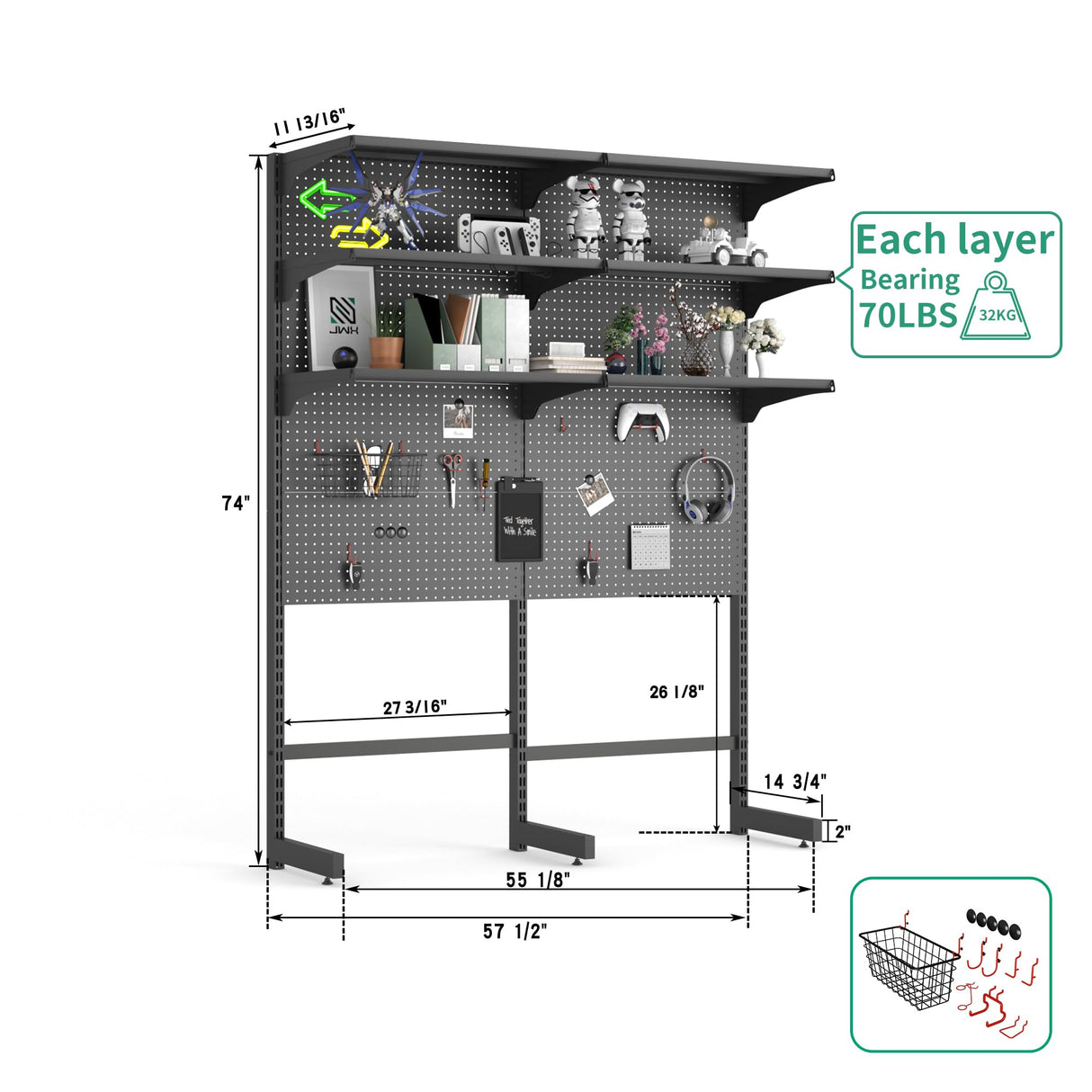 JWX DDB Gaming Pegboard Standing Shelf Units, Modular Pegboard and Shelf System with 15 Pieces Organizer Tool Holders JWX