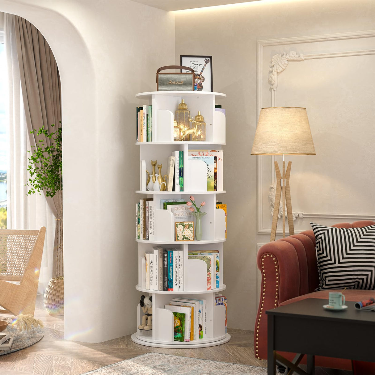 Aheaplus 360° Rotating 5-Tier White Bookshelf Tower Aheaplus