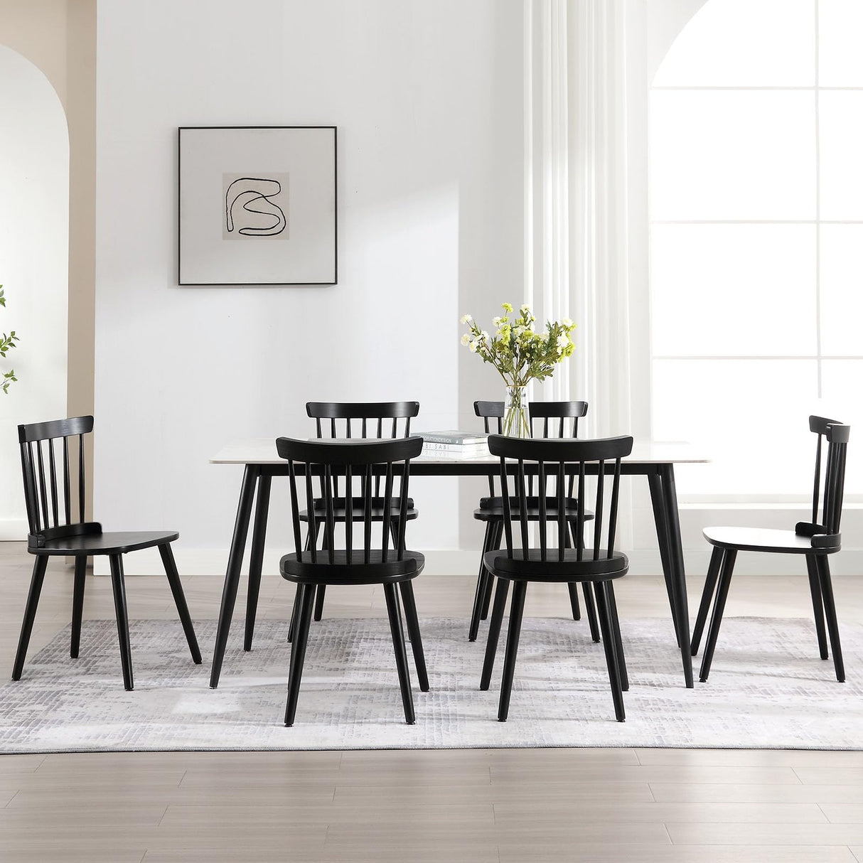 RêveLife Windsor Dining Chair Set of 4 Farmhouse Solid Wood Spindle Back Side Chair Mid-Century Modern Black Armless Kitchen Chair for Dining Living Room Farmhouse Restaurant RêveLife