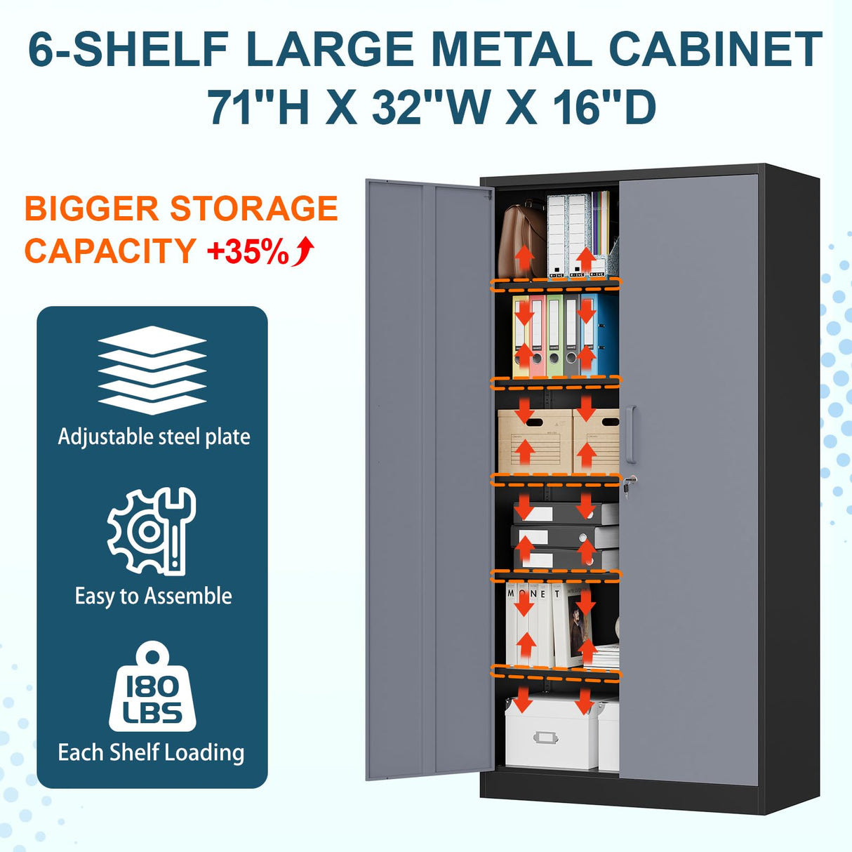 MIIIKO Metal Storage Cabinet with Locking Doors, Black Garage Storage Cabinets with 5 Adjustable Shelves MIIIKO