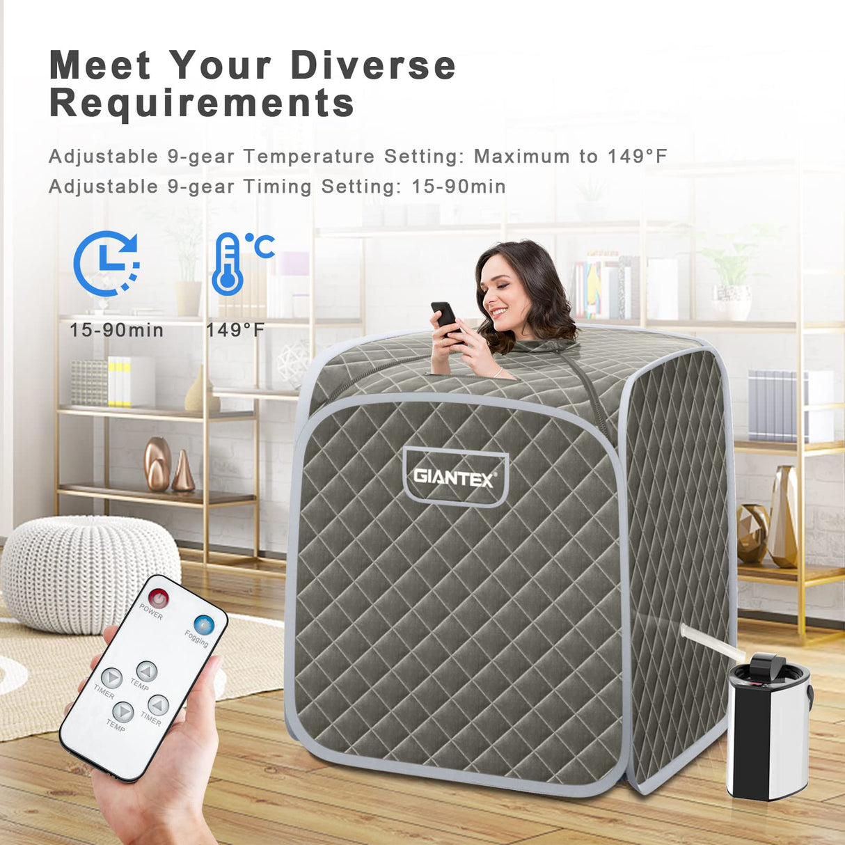 Giantex Portable Sauna, Sauna Box 3L Steam Box Remote Control, 9 Adjustable Temperature & Timer, Foot Roller, Mat & Foldable Chair, Steam Sauna for Single Person, Personal Sauna Tent for Home, Gray Giantex
