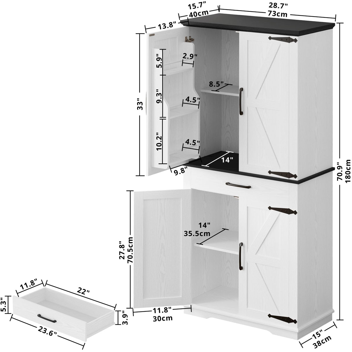IRONCK Farmhouse Kitchen Pantry Cabinet, Tall Storage Cabinet with 6 Hanging Shelves and Adjustable Shelves, Freestanding Cupboard with Barn Doors for Kitchen, Dining Room,White/Black IRONCK