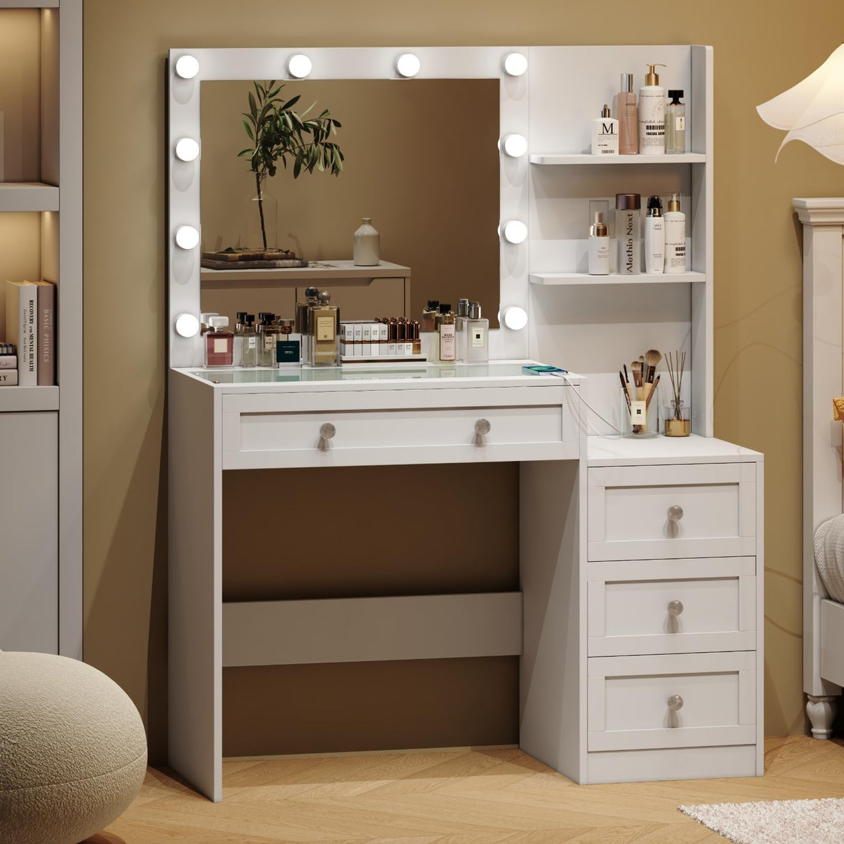 YaoYaoJia Vanity Desk with Mirror and Lights, 39.4" White Makeup Vanity with Glass Top,Dressing Table with 4 Drawers,Charging Station, 3 Lighting Modes for Women Bedroom YaoYaoJia