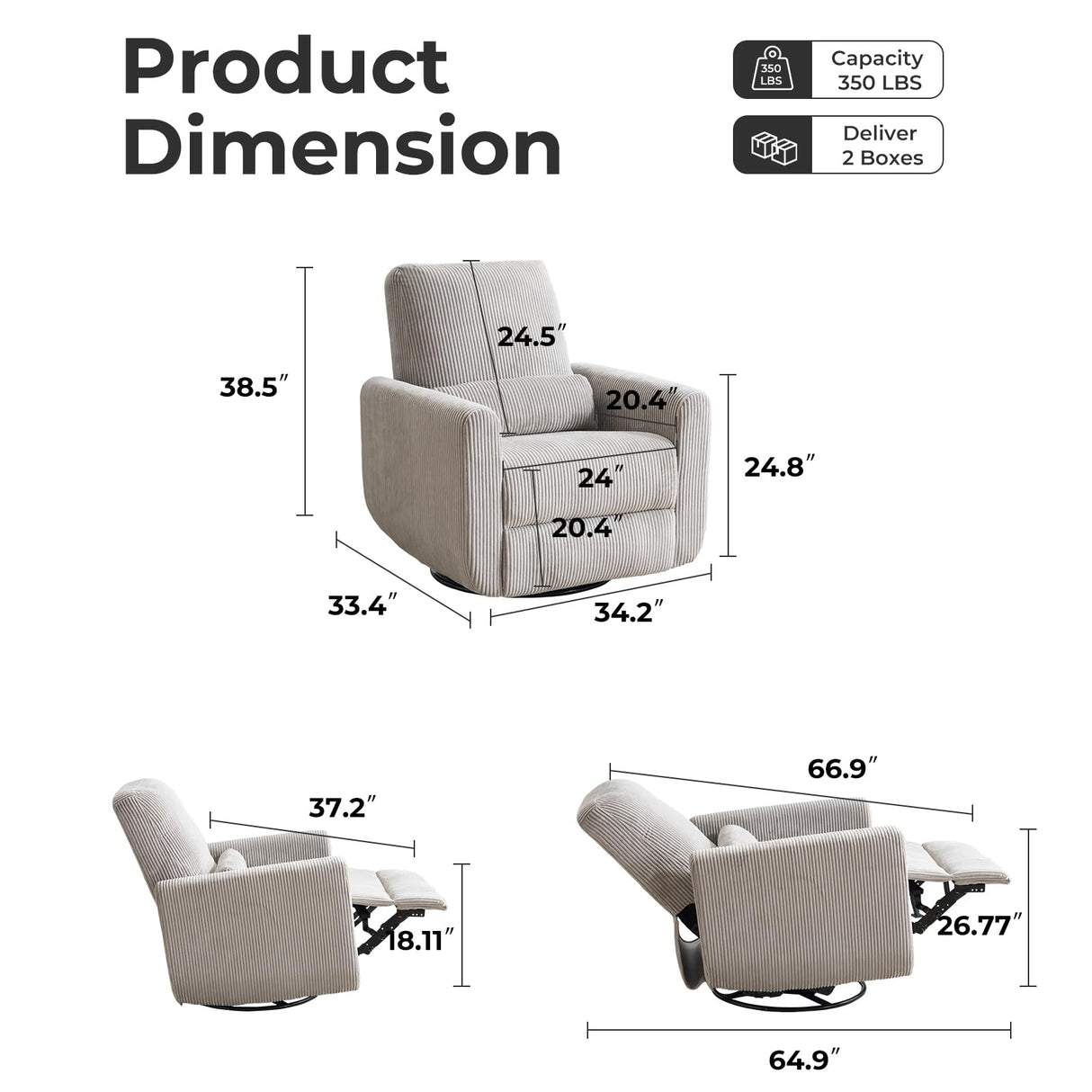 Rhevoy 360° Swivel Glider Recliner Chair, Oversized Rocker Recliner with Heating and Massage, Glider Chair for Nursery with Pillow,24" Extra Wide Rocking Chair for Living Room, Grey Rhevoy