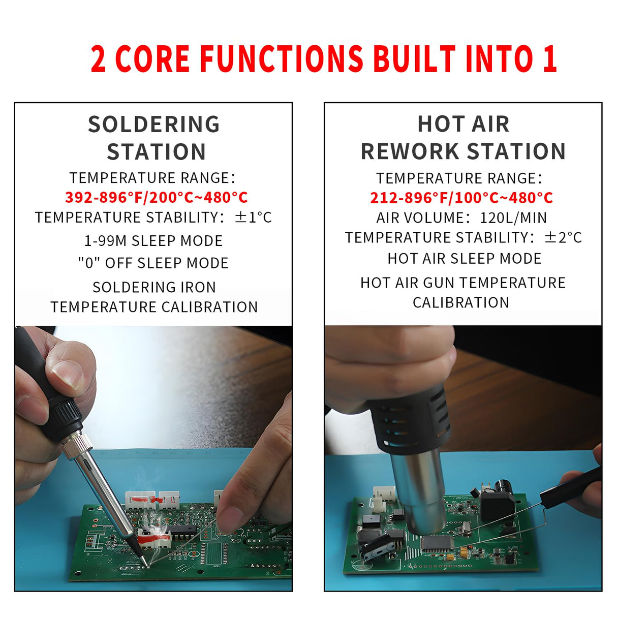 Weld Lux Upgraded 820W 2 IN 1 Hot Air Rework and Soldering Iron Station with °F /°C, Cool/Hot Air Conversion, Digital Temperature Correction and Sleep Function Weld Lux