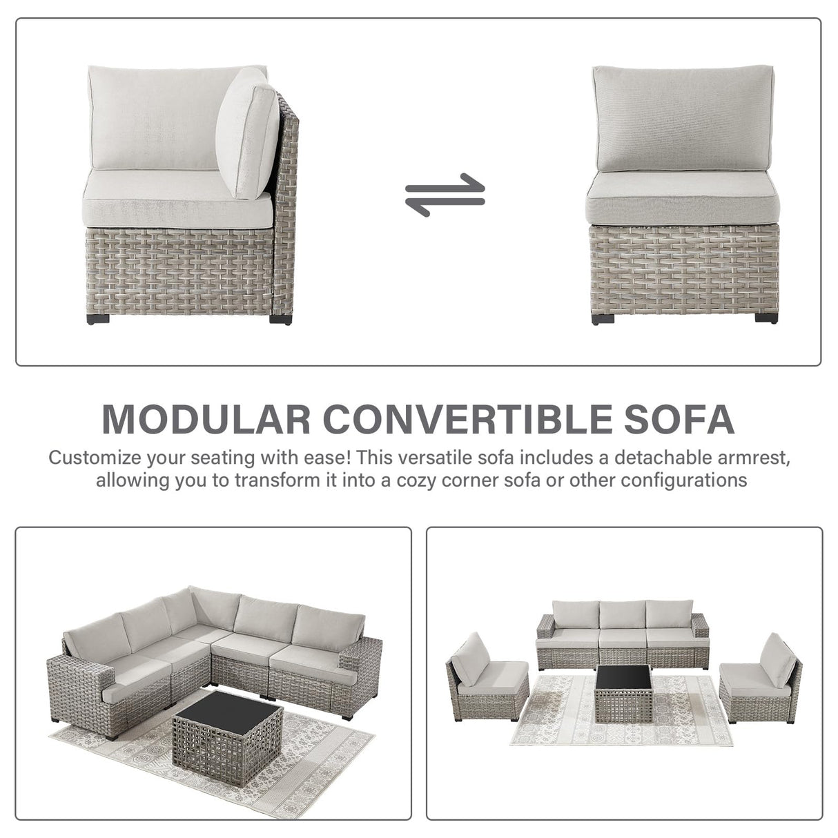 Belord 6 Piece Wicker Patio Furniture Set - 10" Wide Armrests Outdoor Sectional Couch, 5-Seater Modular Patio Conversation Set with Glass Coffee Table for Deck Backyard Sunroom Belord