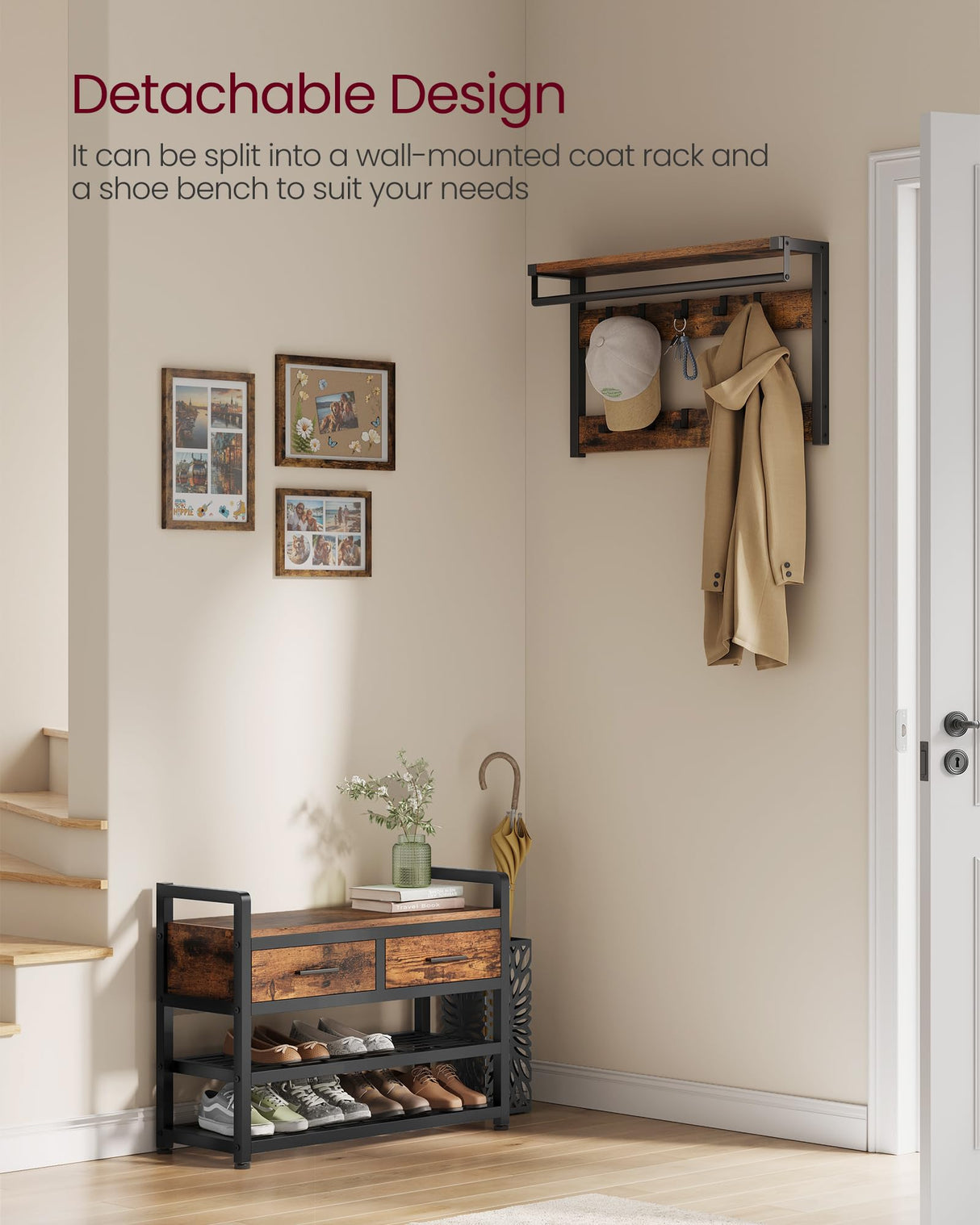 VASAGLE Hall Tree with Bench and Shoe Storage, Entryway Coat Rack with Shoe Bench, 2 Fabric Drawers, 10 Hooks, 11.8 x 31.7 x 71.5 Inches, Vintage Brown and Ink Black UHSR429B01 VASAGLE