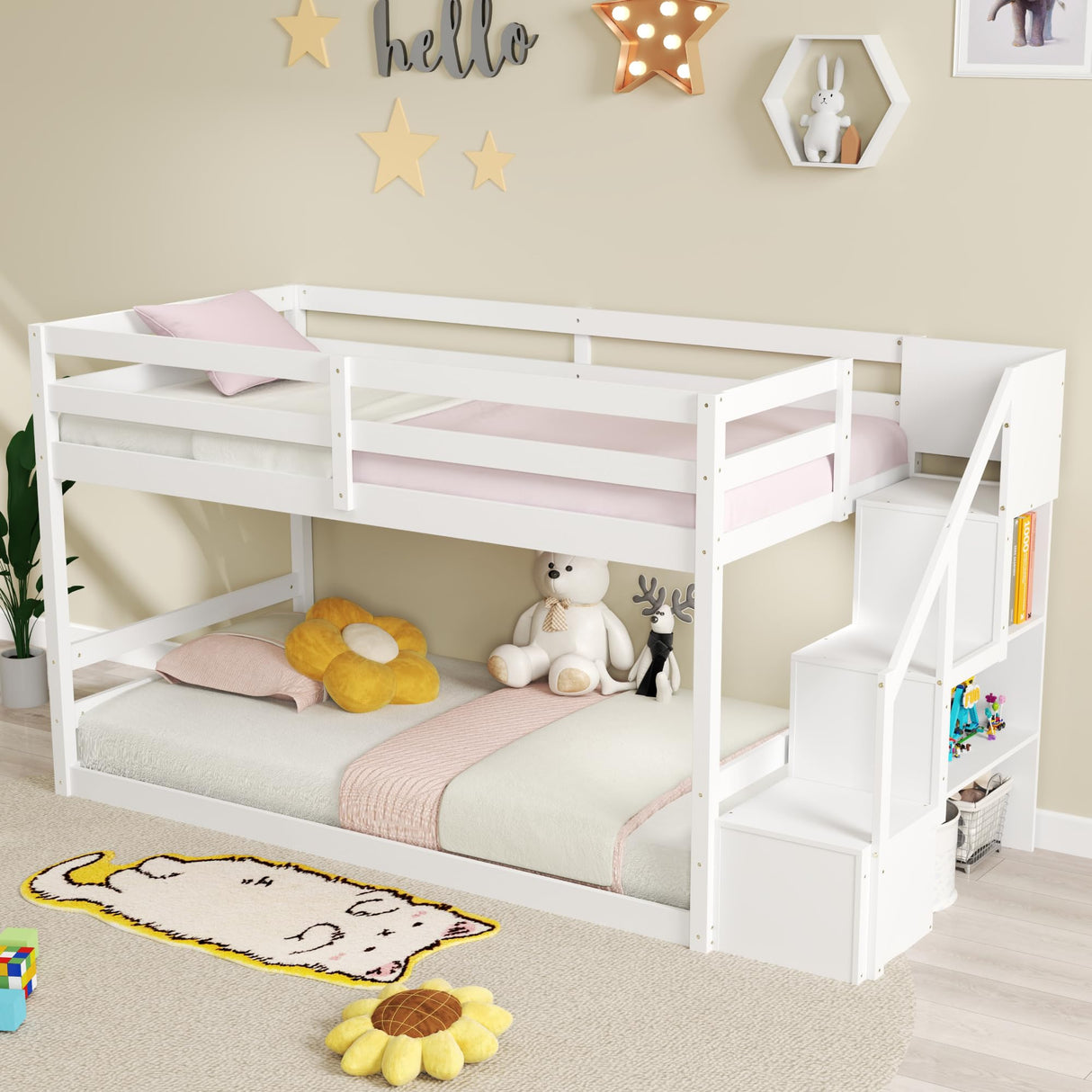 KOMFOTT Wood Twin Over Twin Low Bunk Bed with Storage Staircase, Wooden Bunk Bed Frame with Full-Length Guardrails, Low Profile Bunk Bed with Slats Support, No Box Spring Needed (White) KOMFOTT