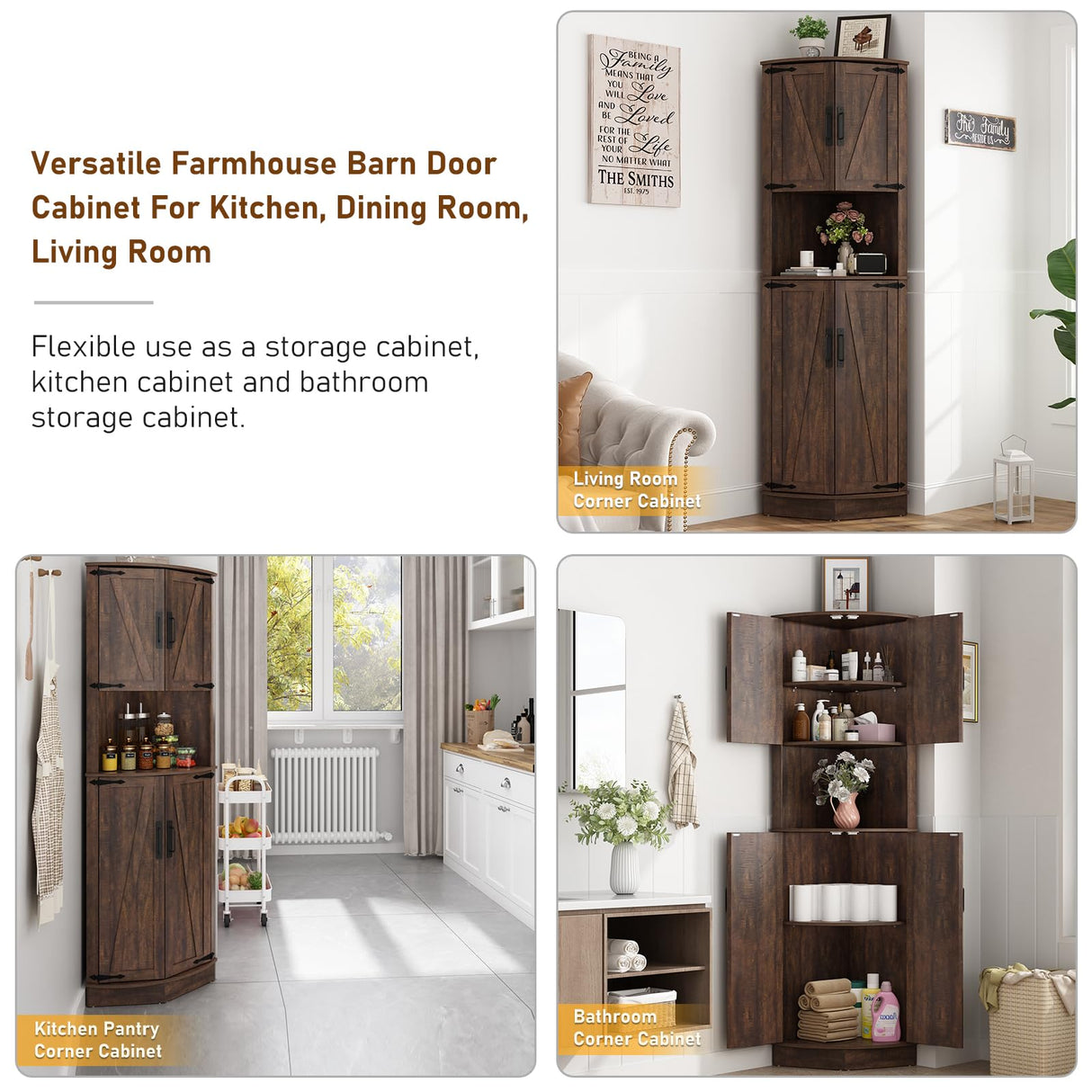 Hlivelood 68" Tall Farmhouse Corner Cabinet, Dining Room Storage Cabinet with 4 Barn Doors and 5 Level Storage with Adjustable Shelves, for Kitchen, Living Room, Laundry Room, Brown Hlivelood