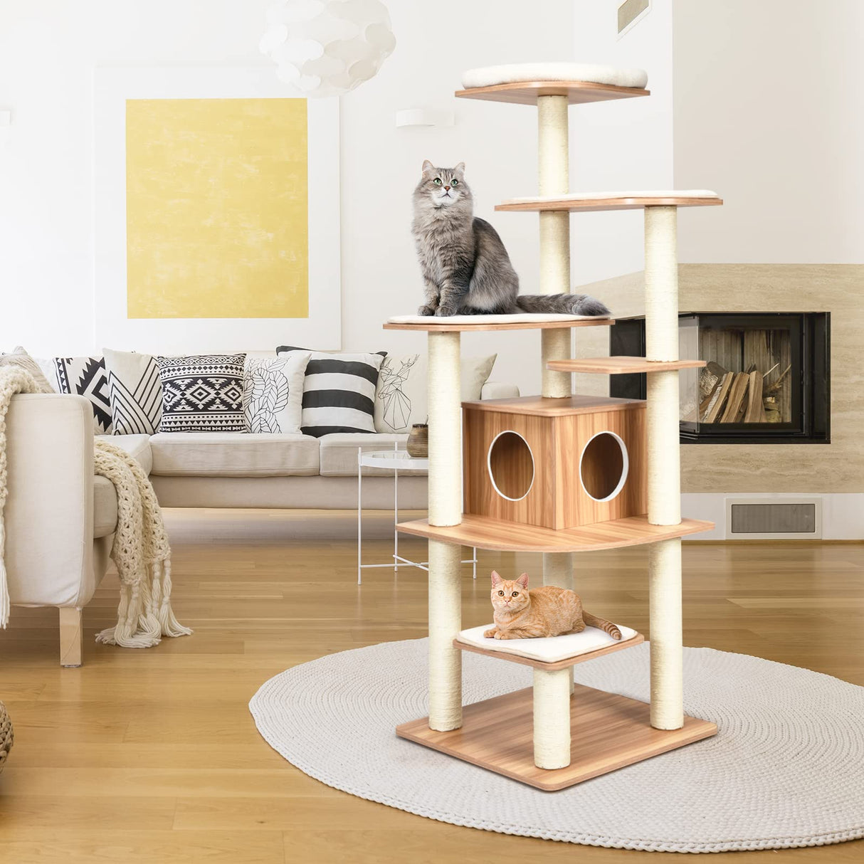 PETSITE Tall Cat Tree for Indoor Cats, 69 Inches Multi-Level Modern Cat Tower with Plush Perch, Cozy Condo, Platforms, Sisal Scratching Posts, EVA Massage Comb & Removable Cushions (Natural) PETSITE